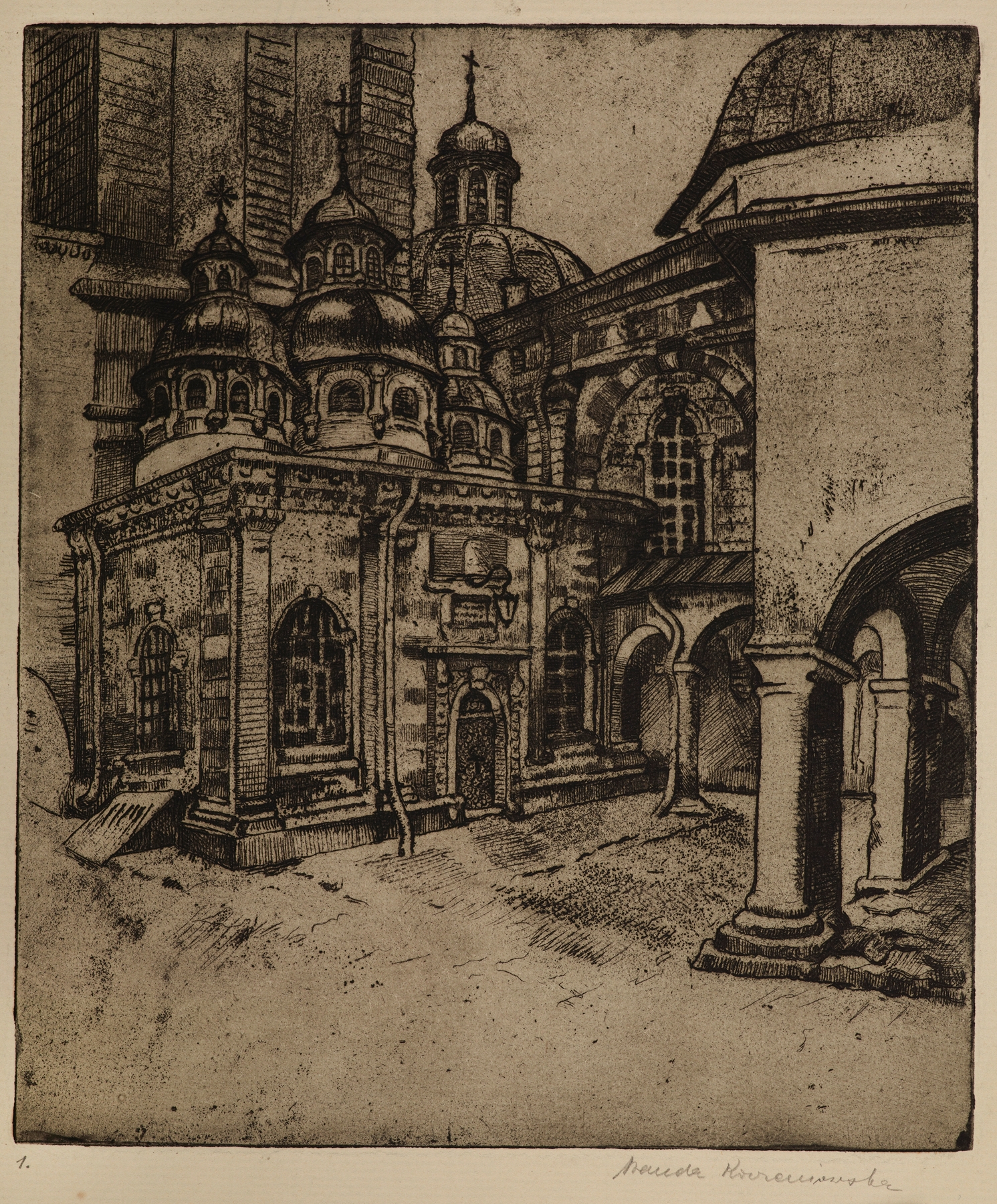 Wallachian church’s courtyard by Wanda Korzeniowska, impressionism