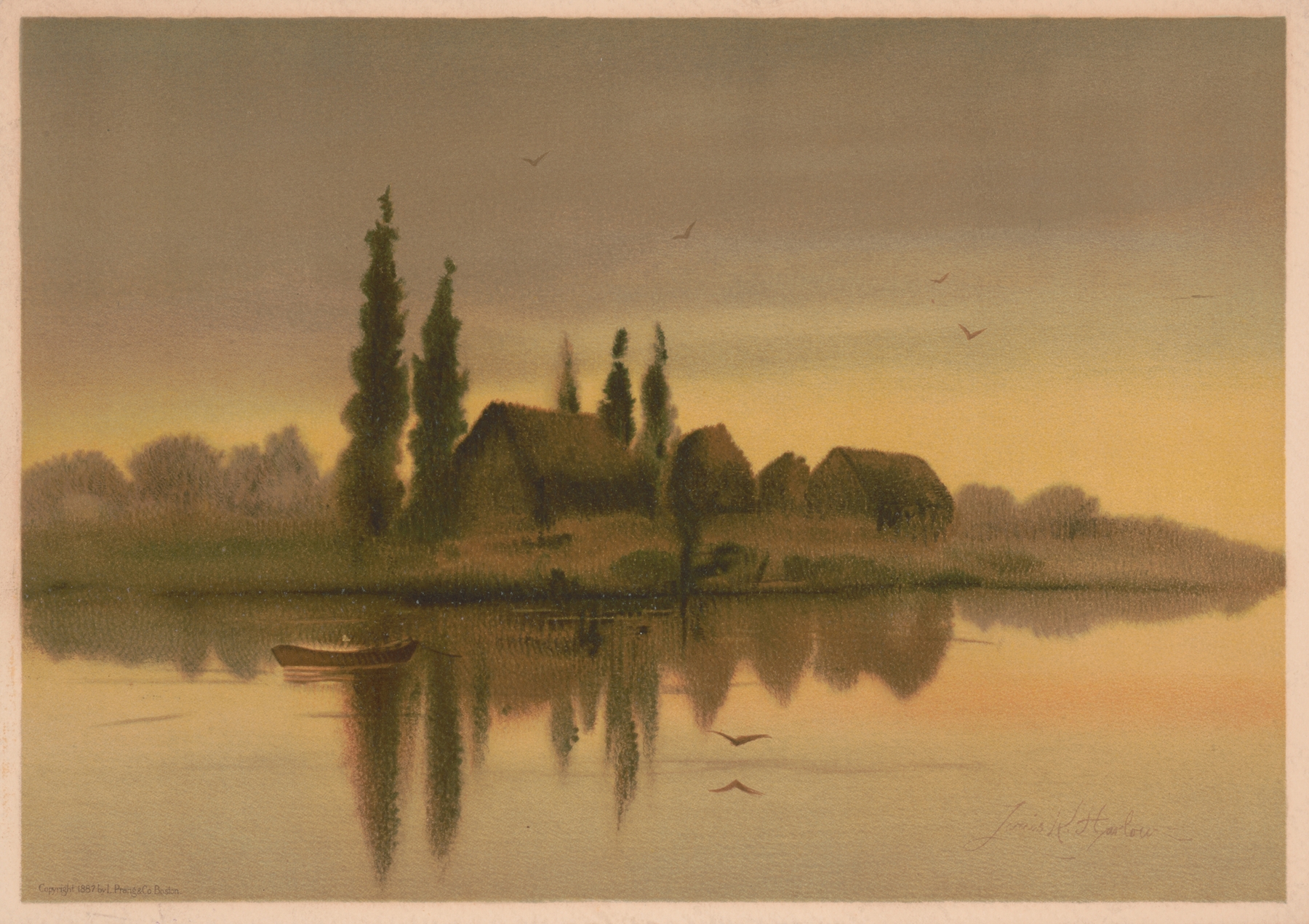 Evening twilight by Louis Kinney Harlow, oil painting depicting a tranquil landscape at dusk.