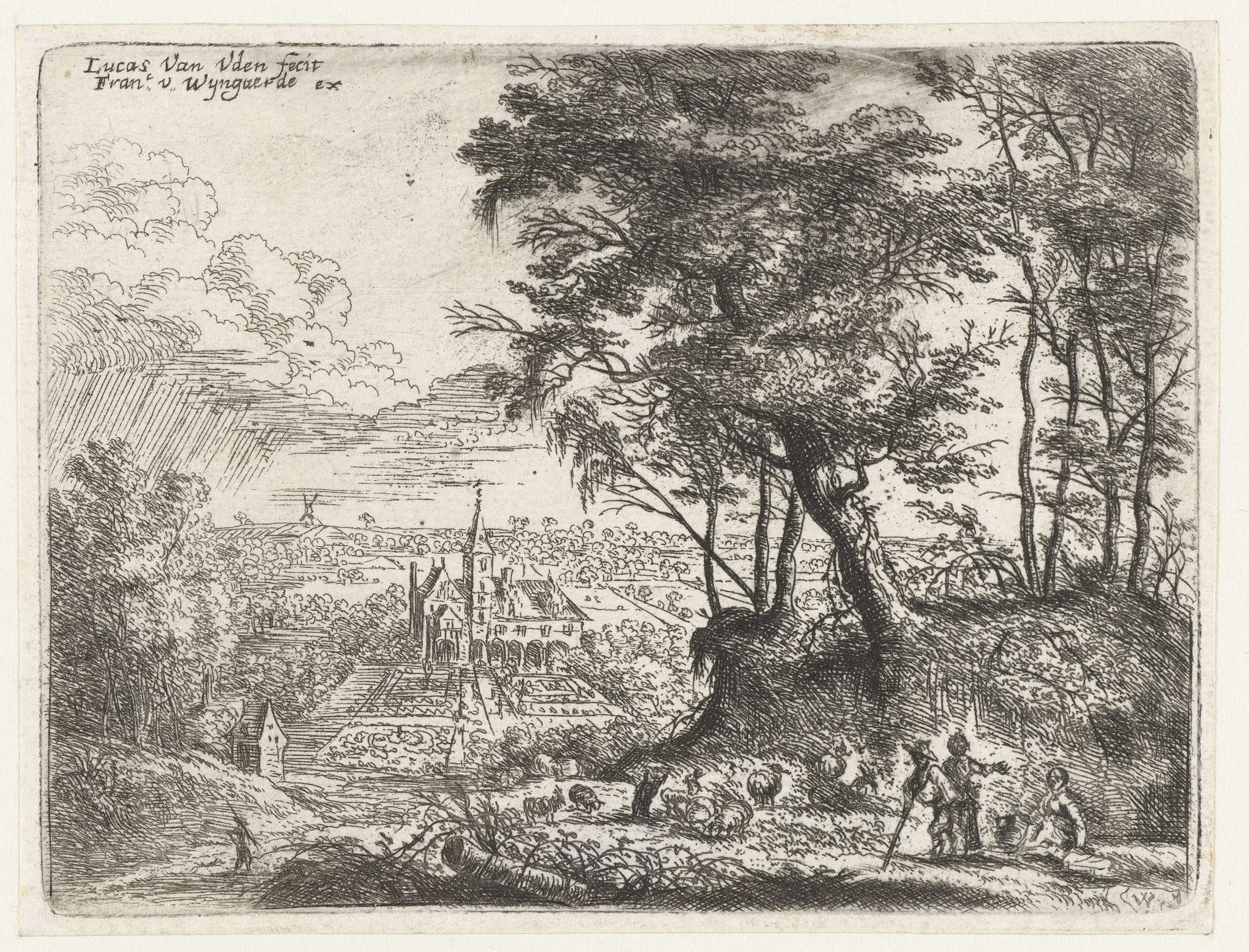 Landschap met in de verte een landhuis, etching by Lucas van Uden