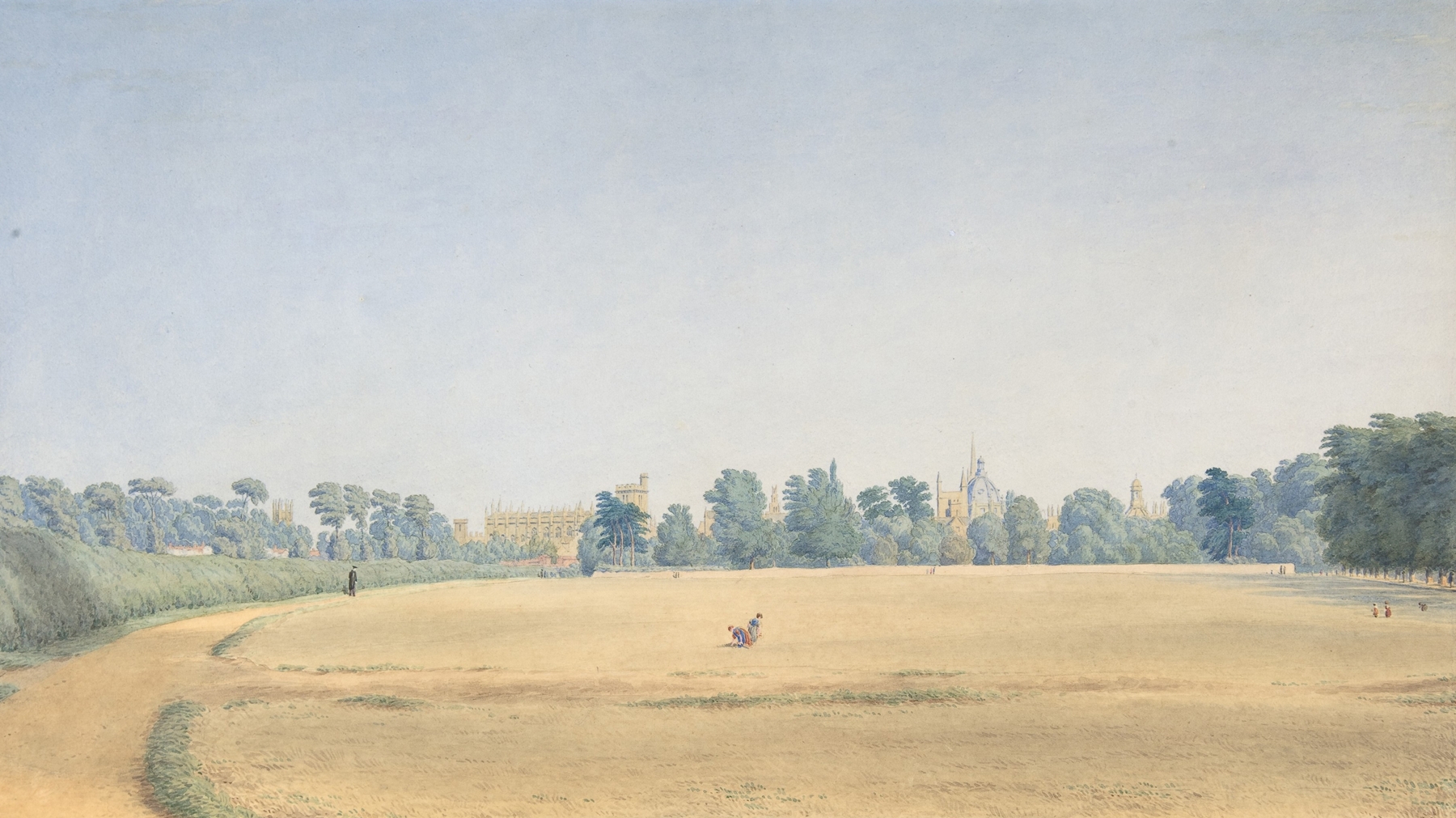 Oil painting by William Turner of Oxford depicting University Park with greenery and a bright sky.