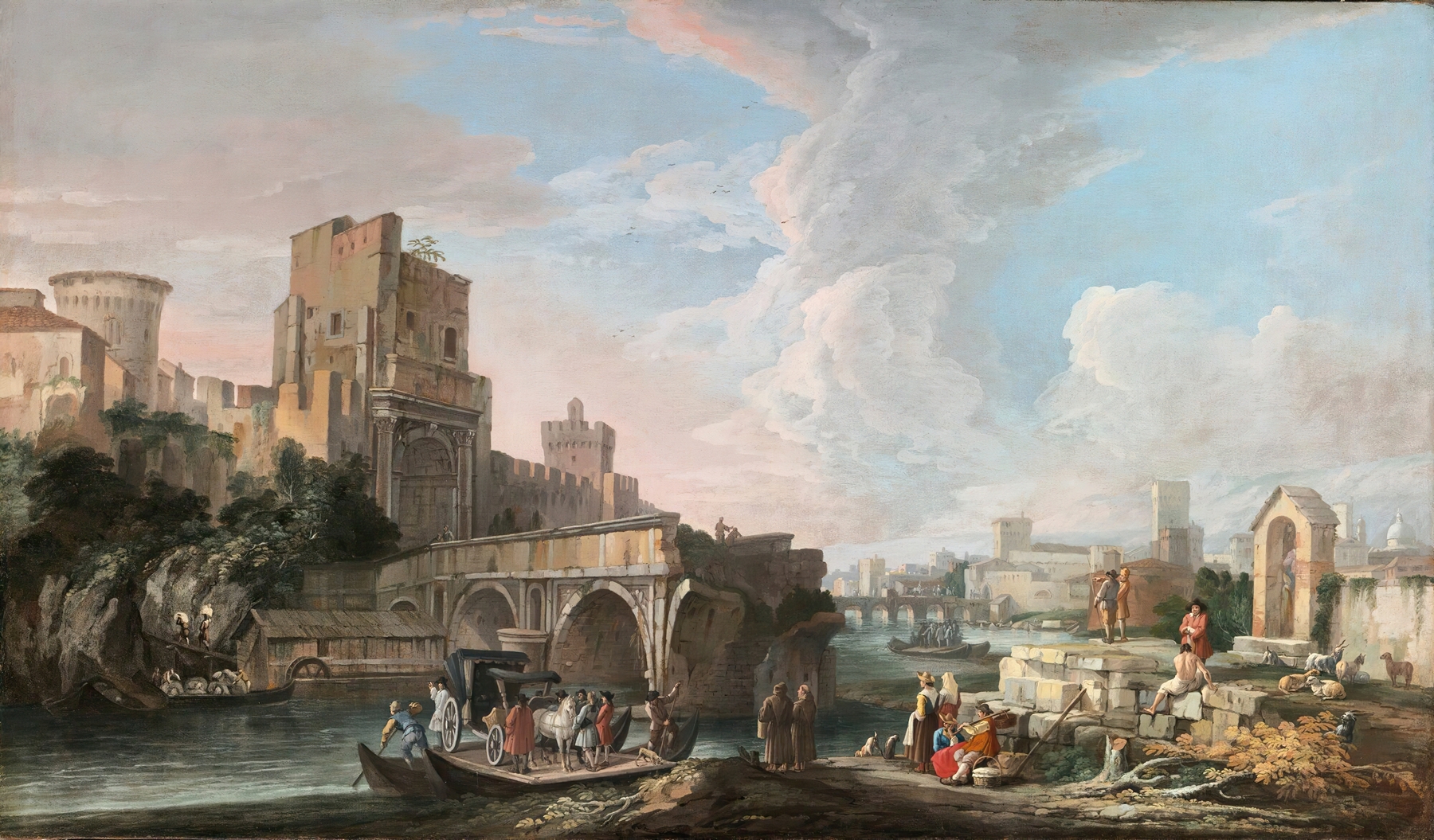 River Landscape With A Capriccio View Of The Ponte Rotto, Rome, by Luca Carlevarijs, public domain