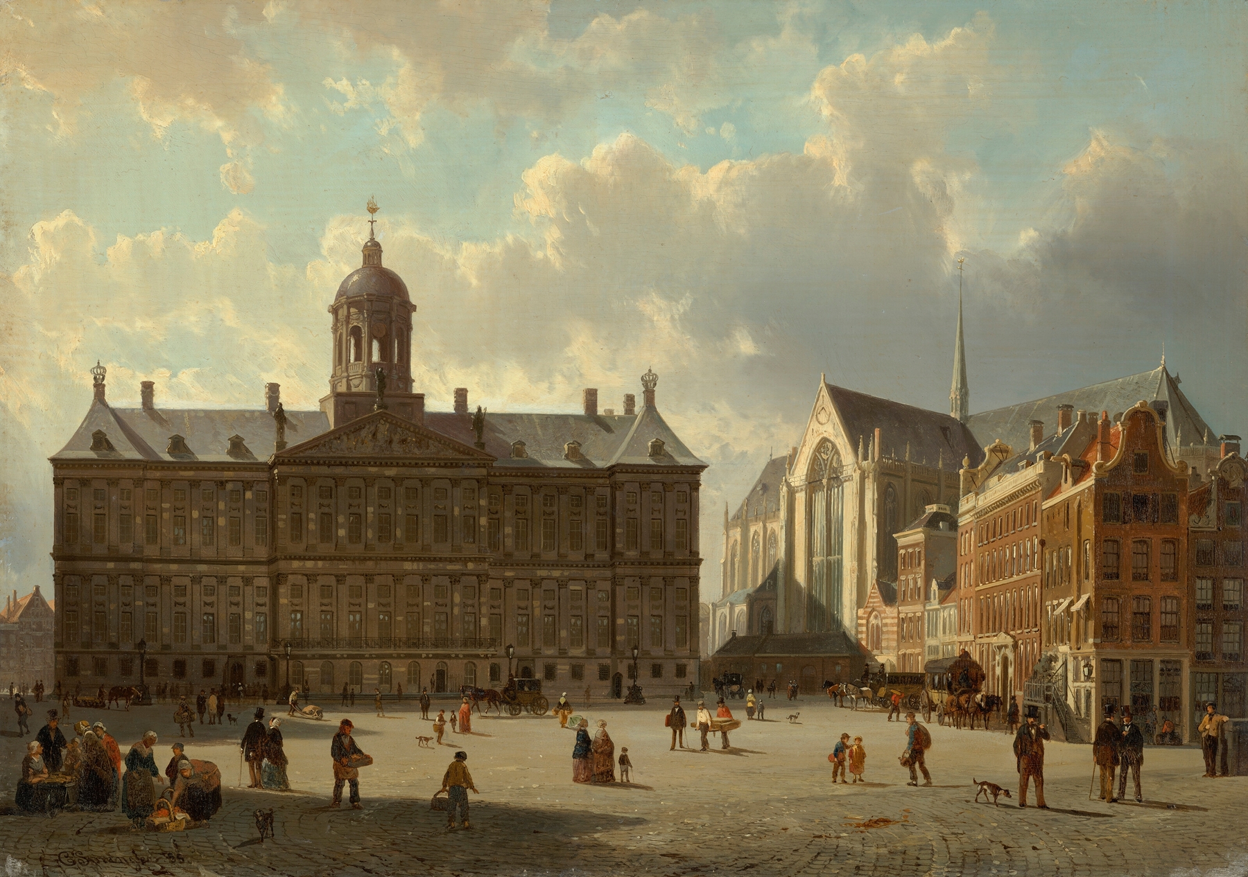 The Royal Palace and Nieuwe Kerk in Amsterdam, oil painting by Cornelis Springer