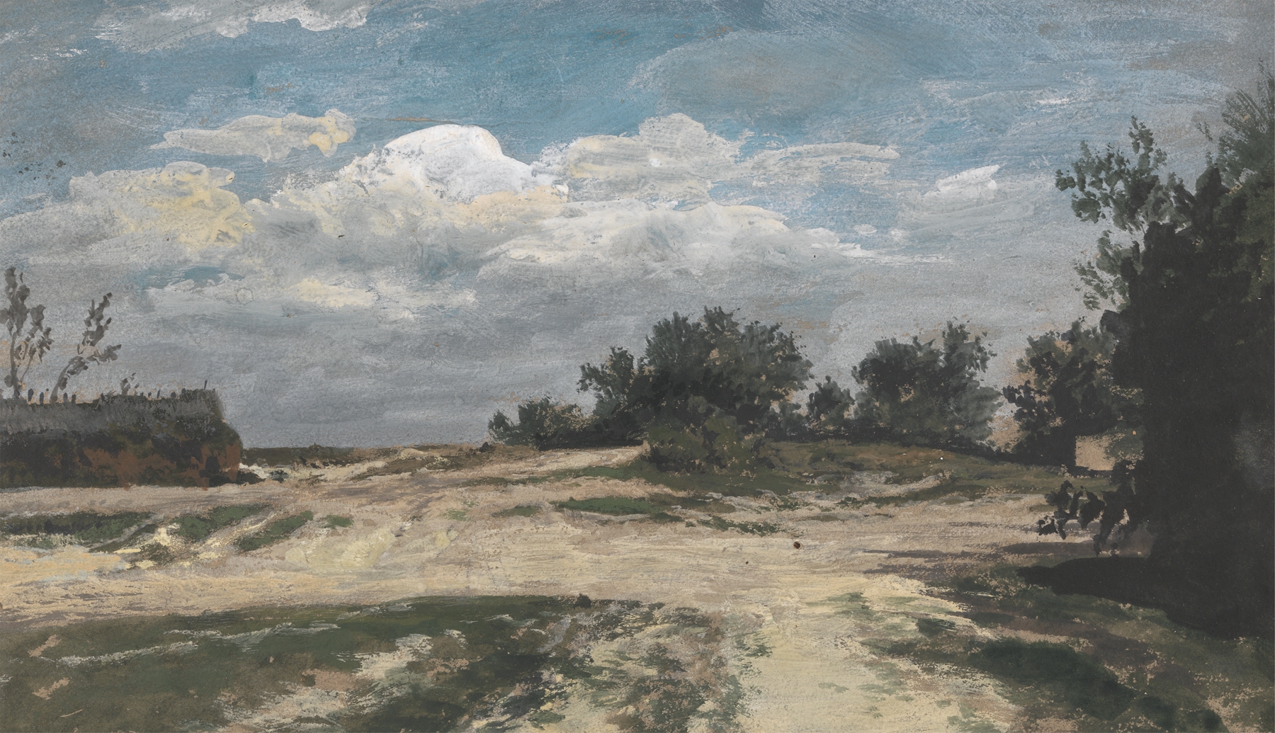 An Open Road by Patrick Nasmyth, oil on canvas depicting a winding road under a colorful sky.