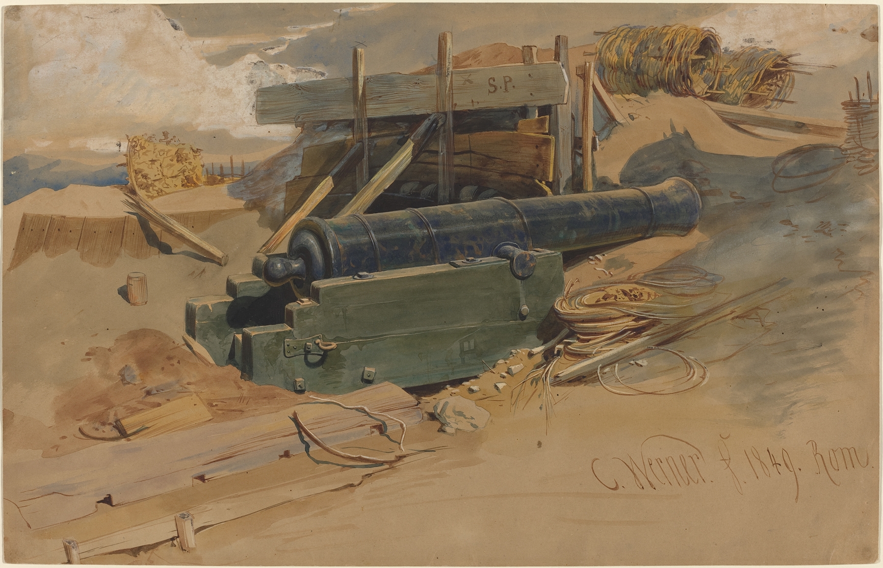 Cannon by a Bulwark, oil painting by Carl Friedrich Heinrich Werner