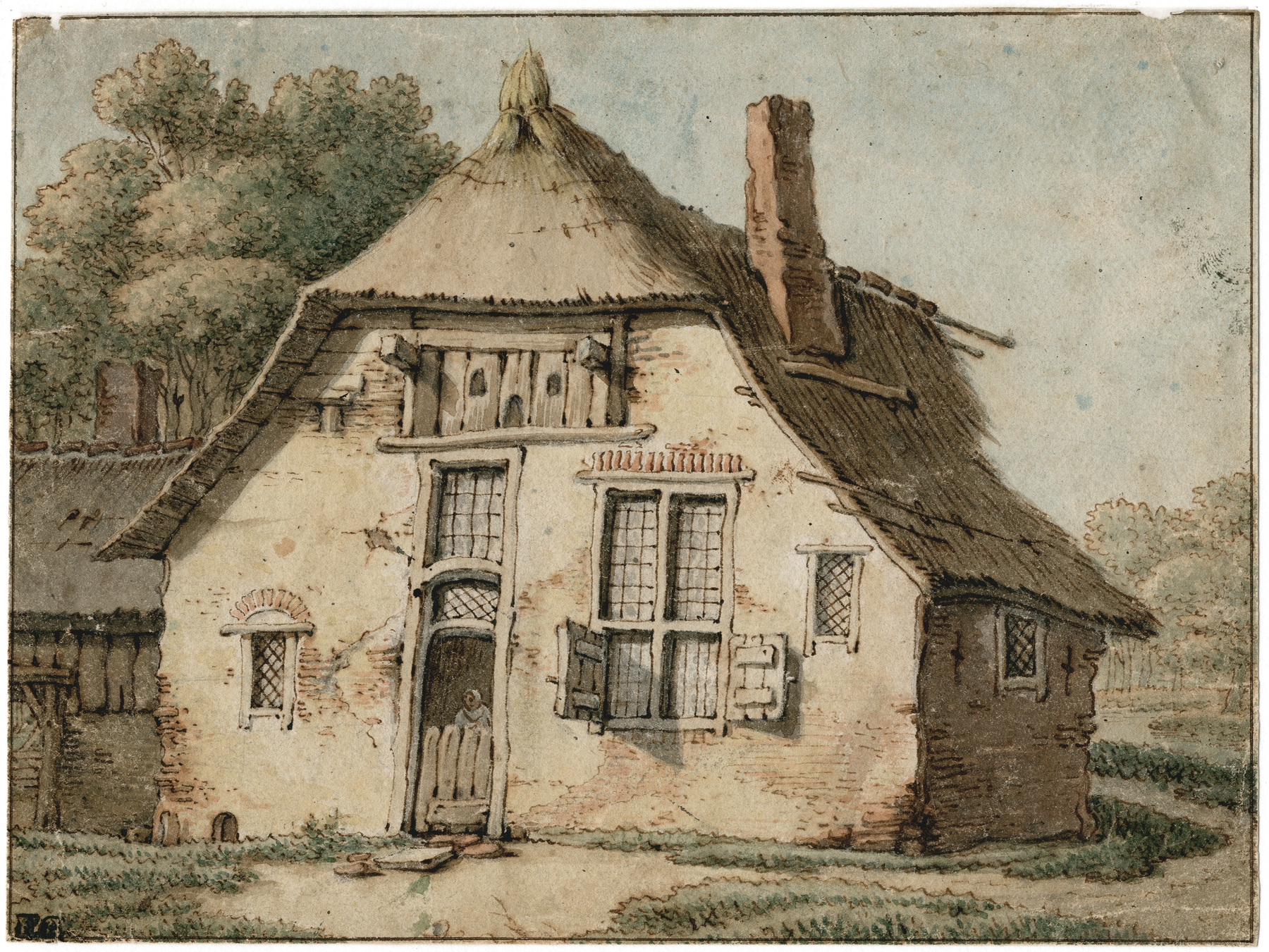 Landscape depicting a farmhouse in muted earth tones by Barend Hendrik Thier