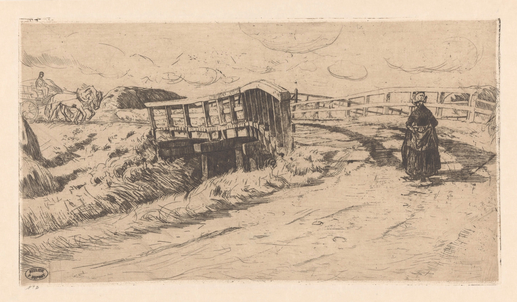 Landscape featuring a winding path and wooden bridge by Pieter Dupont, 1895