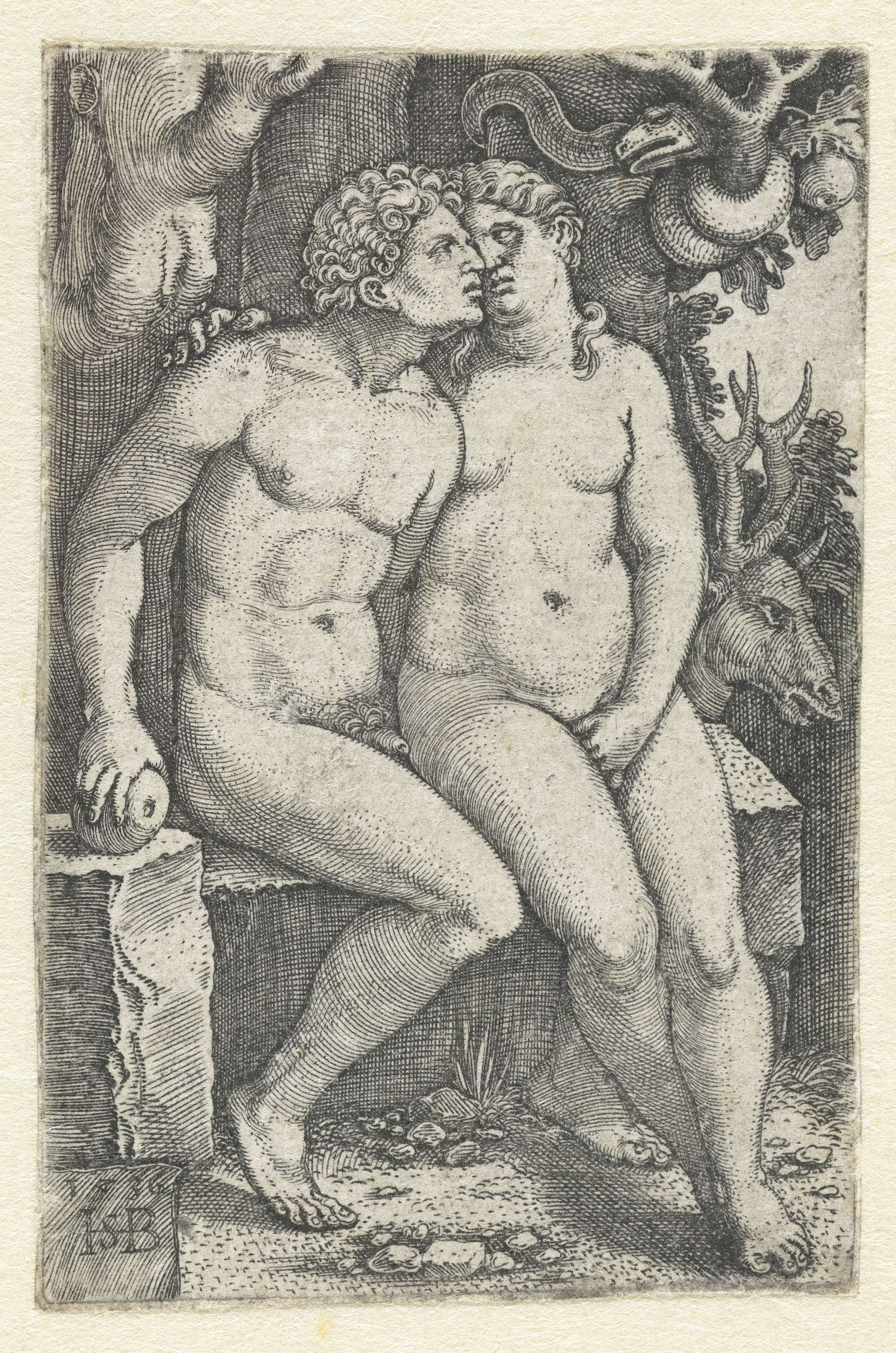 Verzoeking van Adam en Eva in het paradijs, by Hans Sebald Beham, public domain