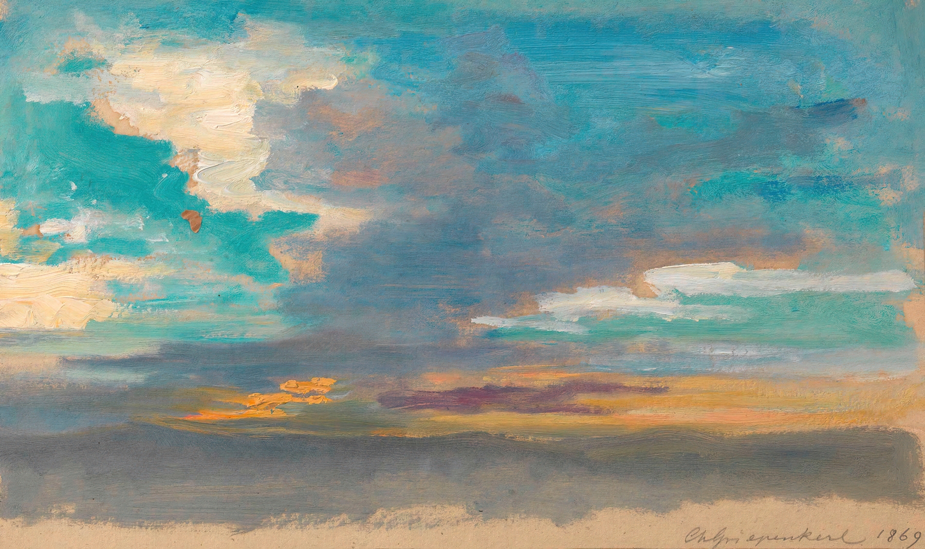 Cloud study oil painting by Christian Griepenkerl depicting swirling clouds in a cerulean sky.
