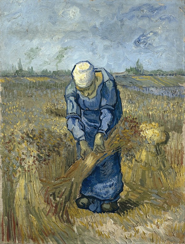Vincent van Gogh's 'Peasant Woman Binding Sheaves' showcases rural life with vibrant colors and dynamic brushwork.