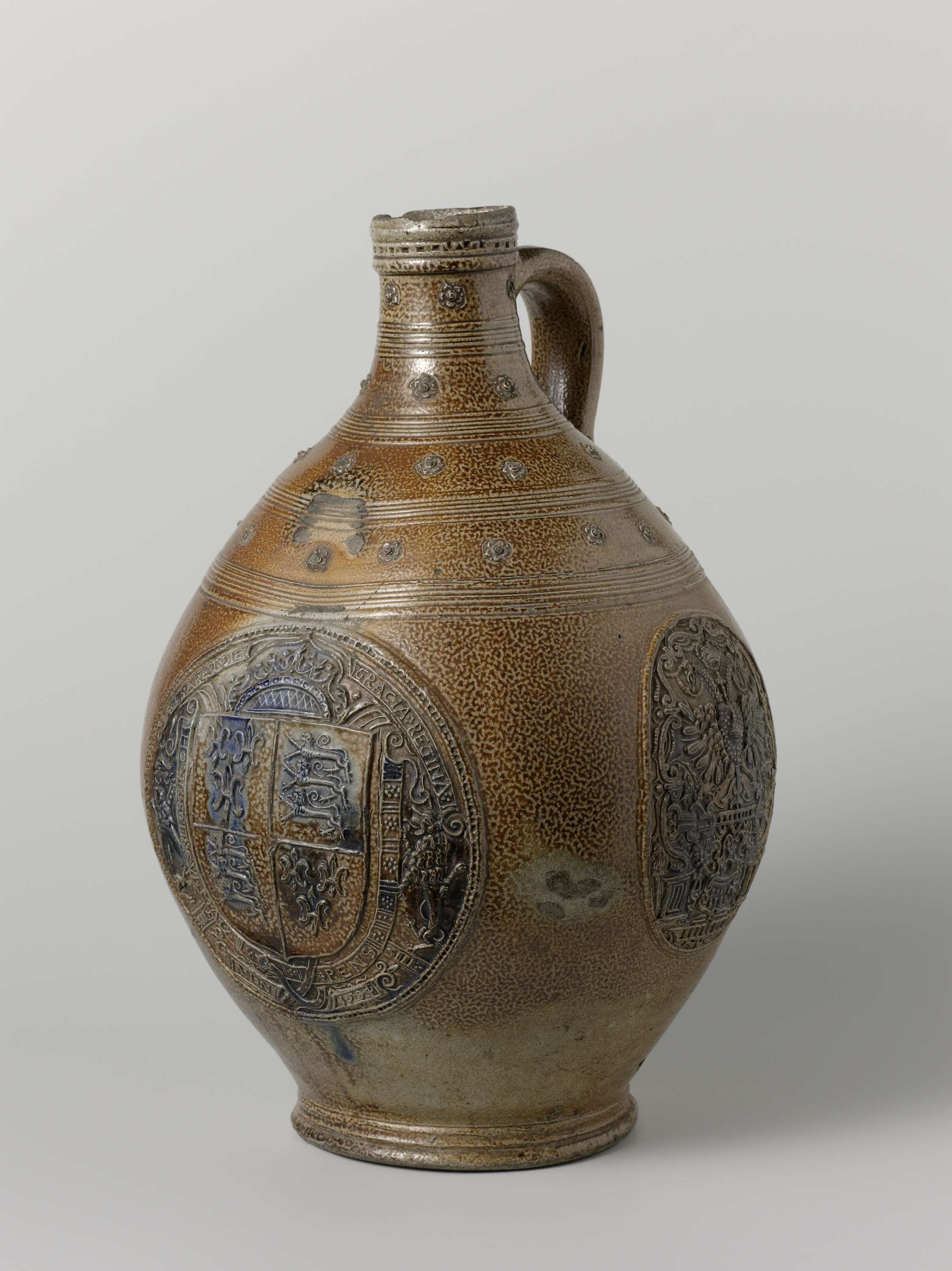 Bartmann (bearded-man) jug with the arms of England, by Unknown Artist, public domain