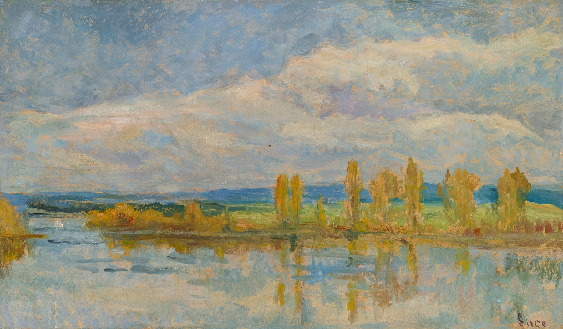 La Seine À Guernes by Maximilien Luce, oil on canvas depicting a serene river landscape.