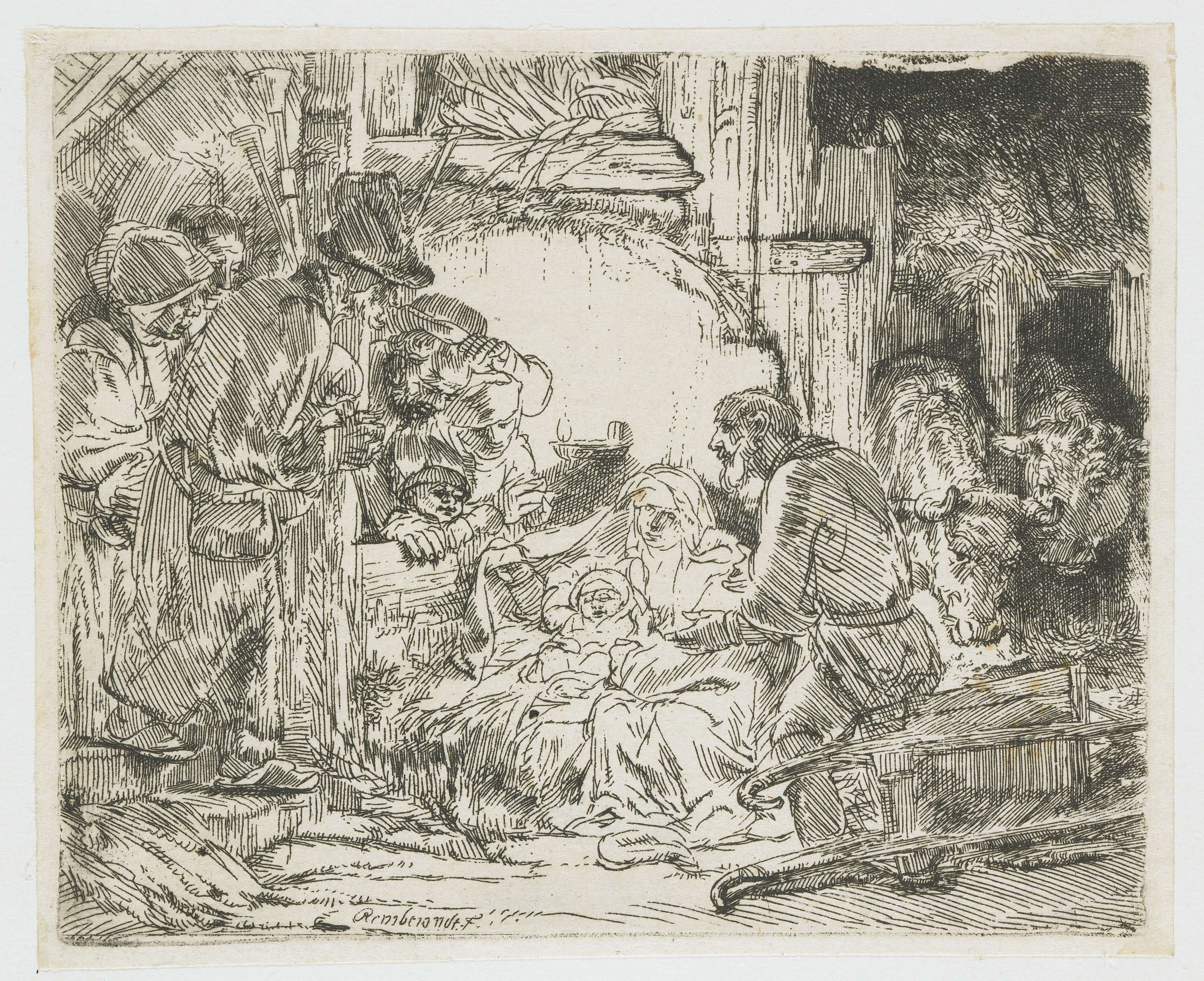 The Adoration of the Shepherds, etching by Rembrandt van Rijn, showing shepherds around a newborn child.