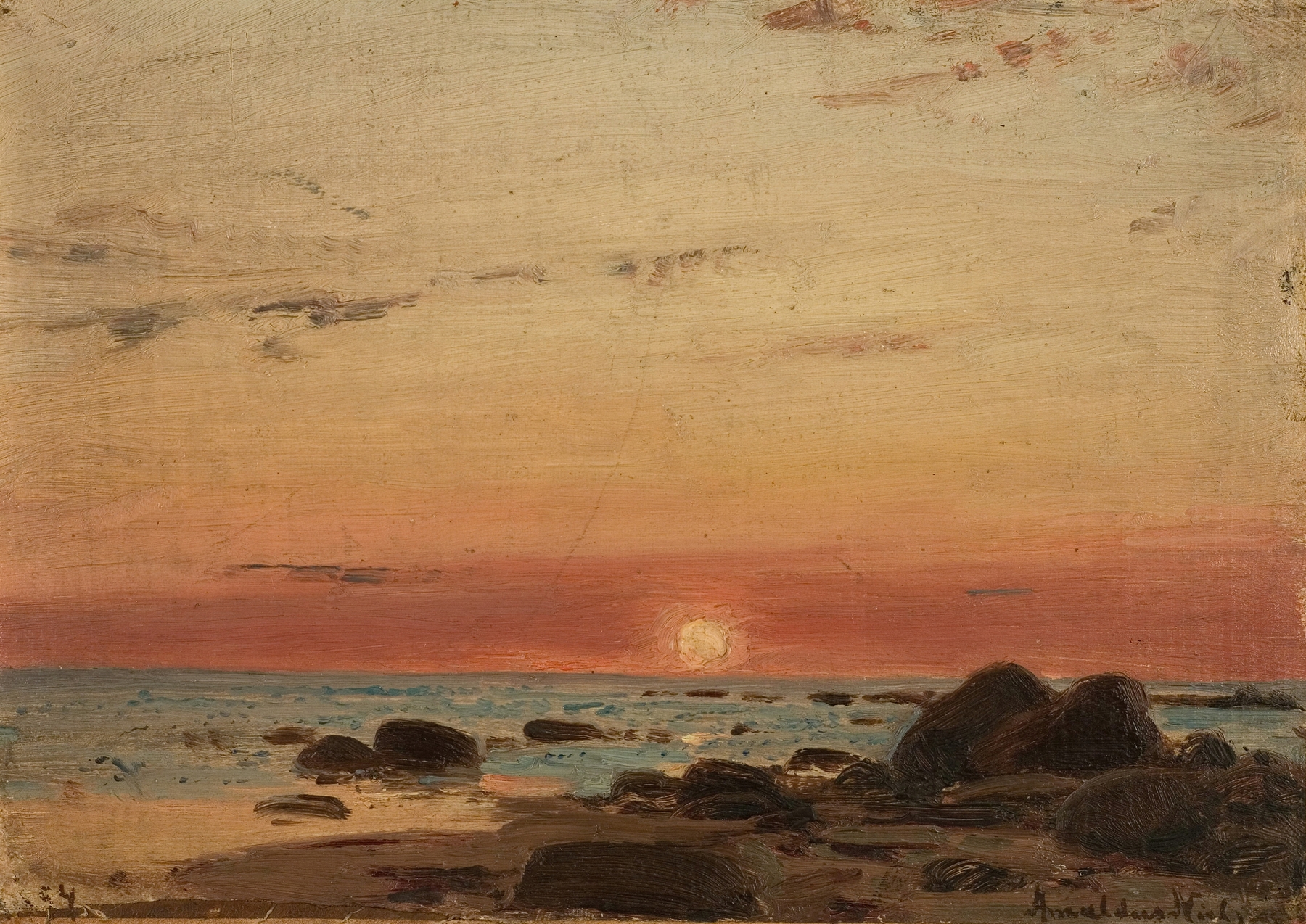 Landscape sunset scene by Amaldus Nielsen, oil painting