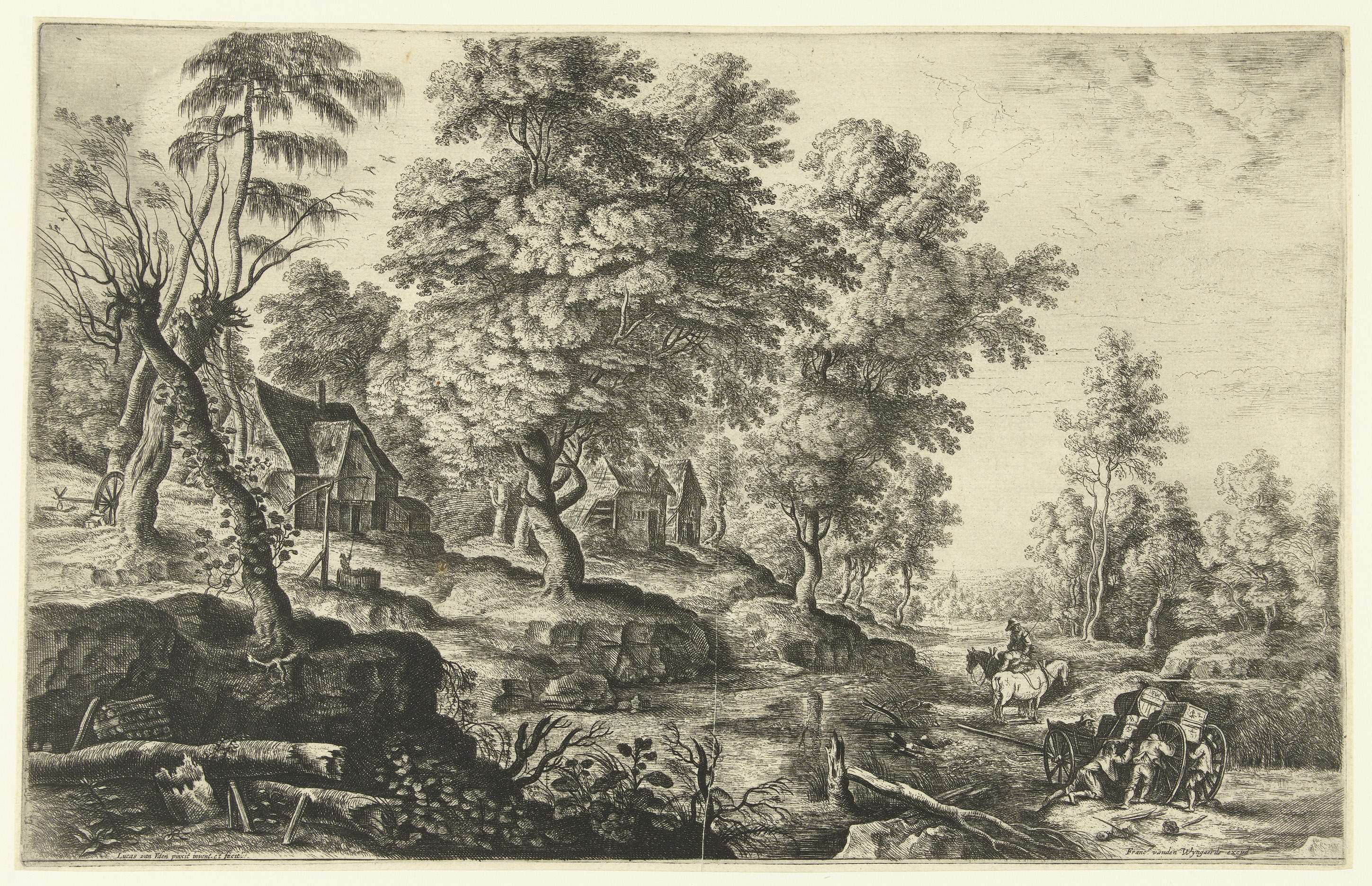 Etching by Lucas van Uden showing laborers pushing a cart through a landscape.