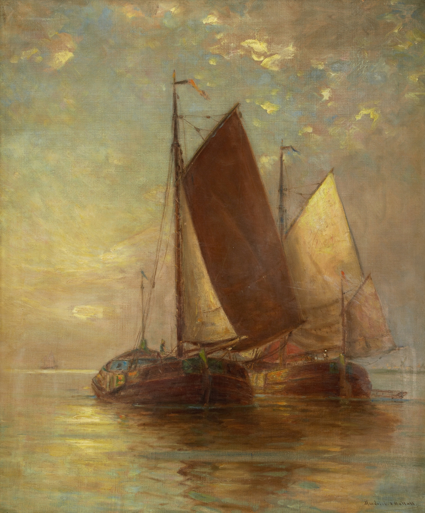 Sailing Vessels at Sea by Hendricks A. Hallett, oil painting depicting ships on a tranquil ocean