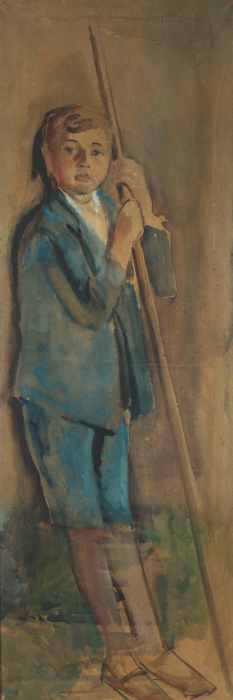 A portrait of a boy in a blue outfit by Julian Falat.