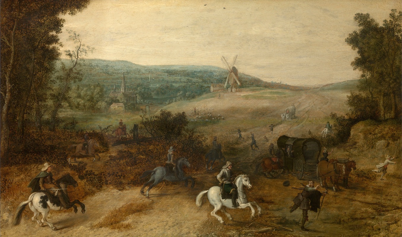 Sebastian Vrancx's painting depicts a dramatic landscape with travelers under attack.