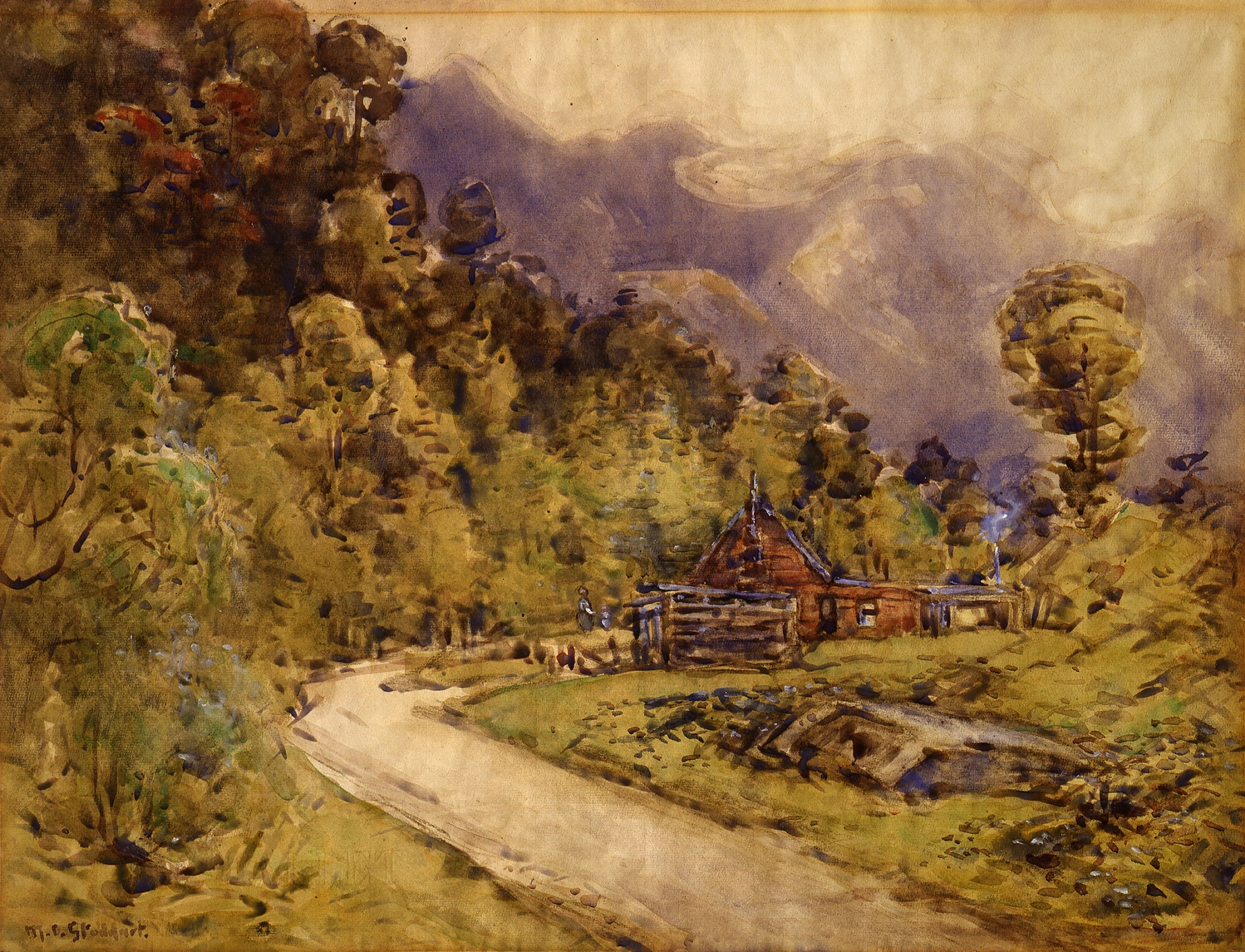 Cottage surrounded by mountains, oil painting by Margaret Stoddart