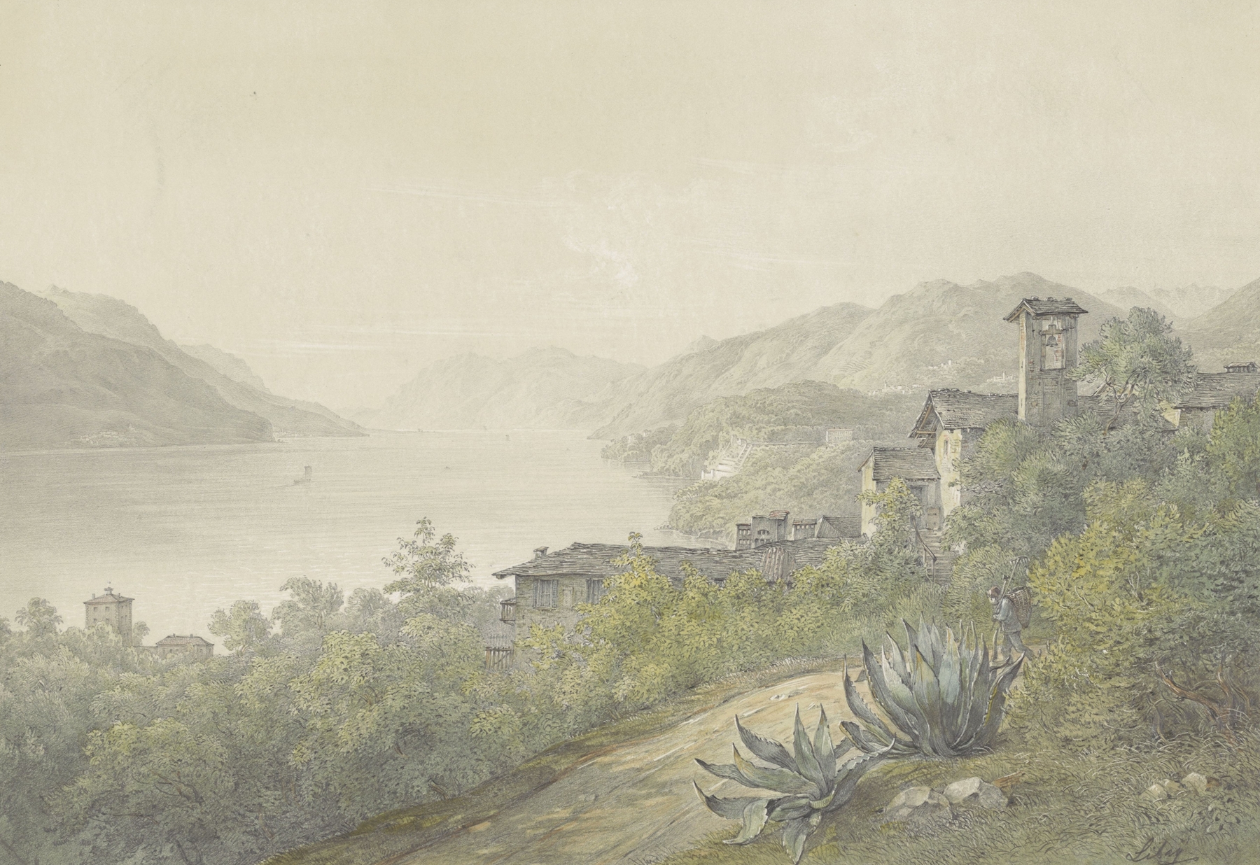 Landscape of Lake Como with trees and hills, oil on canvas by Karoly Lajos Libay