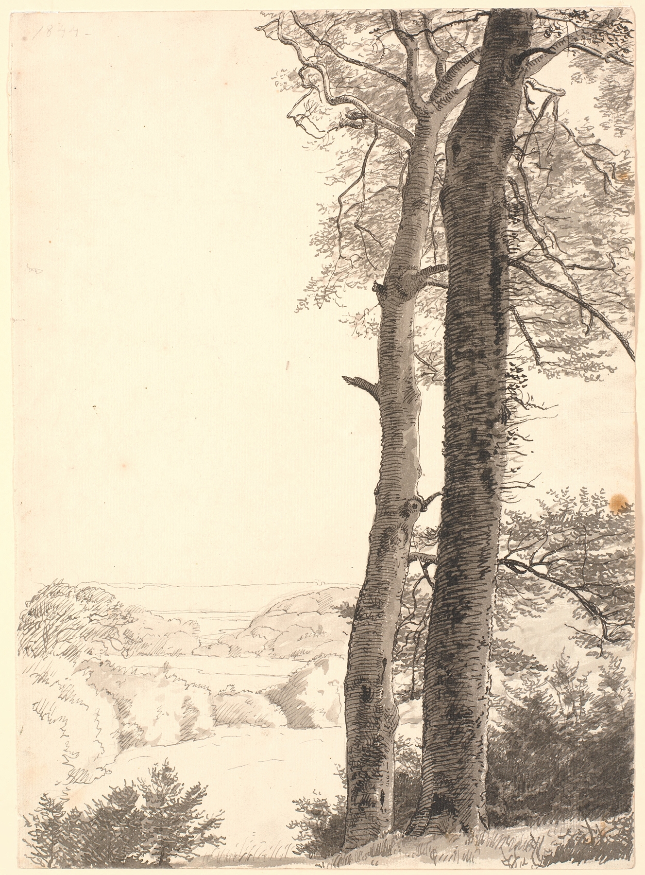 Landskab ved Skarritsø med to høje træer, oil on canvas by P. C. Skovgaard