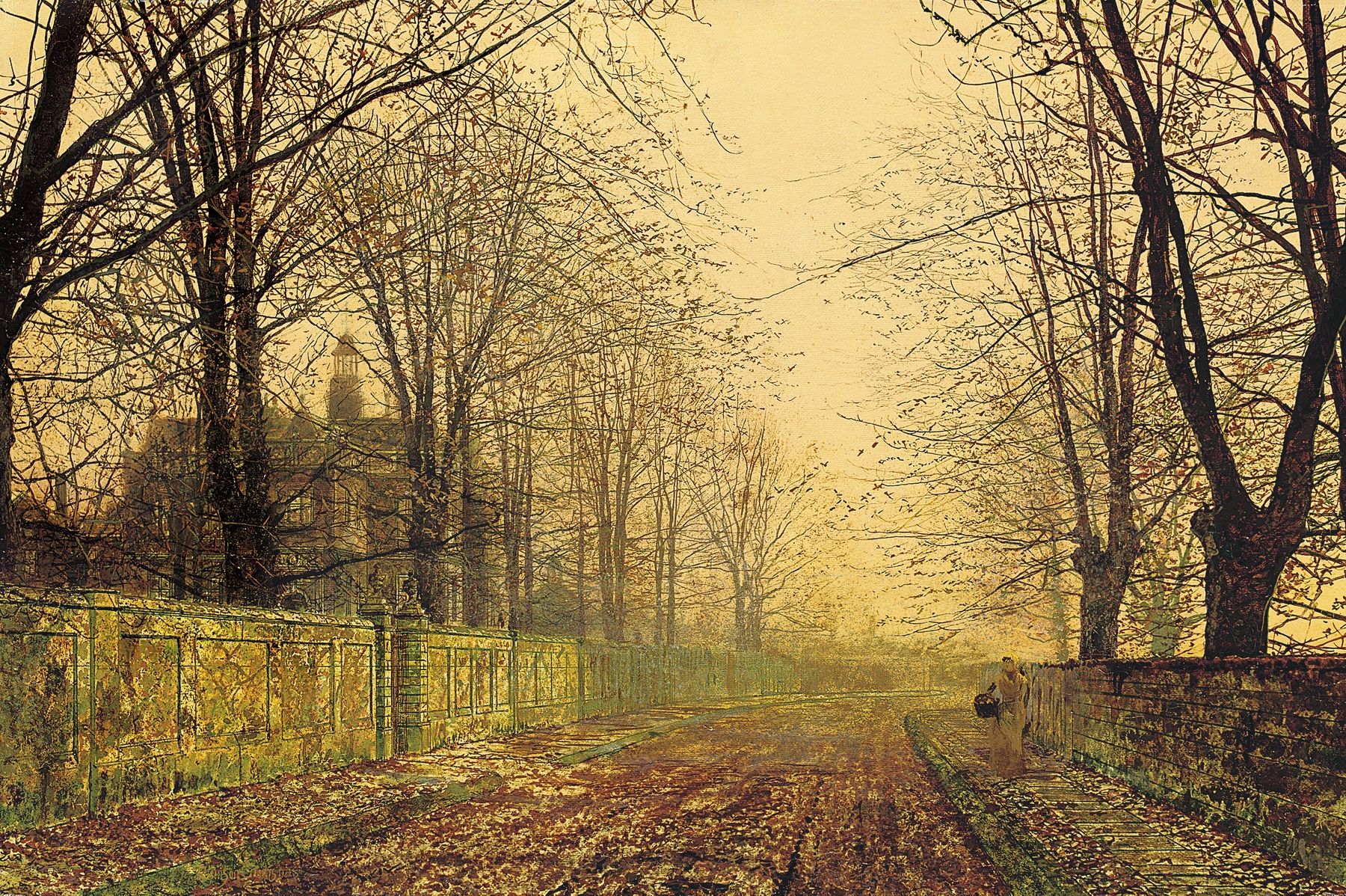 The Sere and Yellow Leaf, oil painting by John Atkinson Grimshaw, featuring autumn leaves and twilight hues.