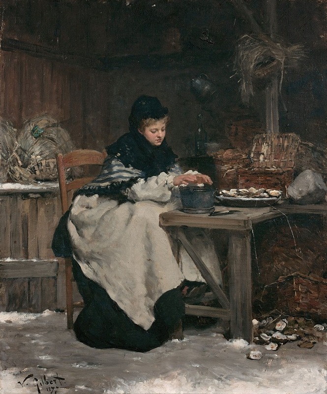 Interior scene with a woman warming her hands over an oyster, oil on canvas by Victor Gabriel Gilbert