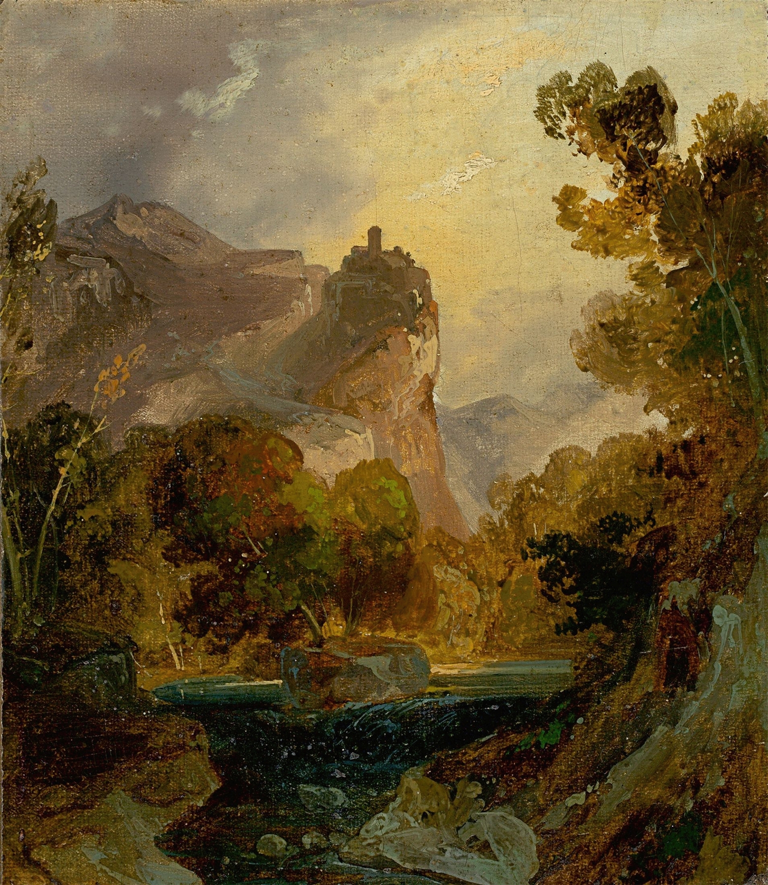 View of a river valley in the mountains with a castle on a high rock, by Carl Blechen, public domain