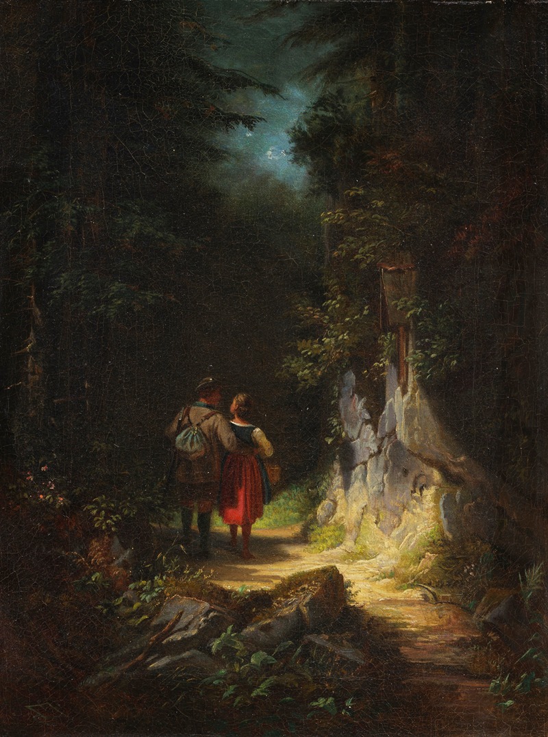 A romantic scene of a hunter and a girl in a lush landscape.