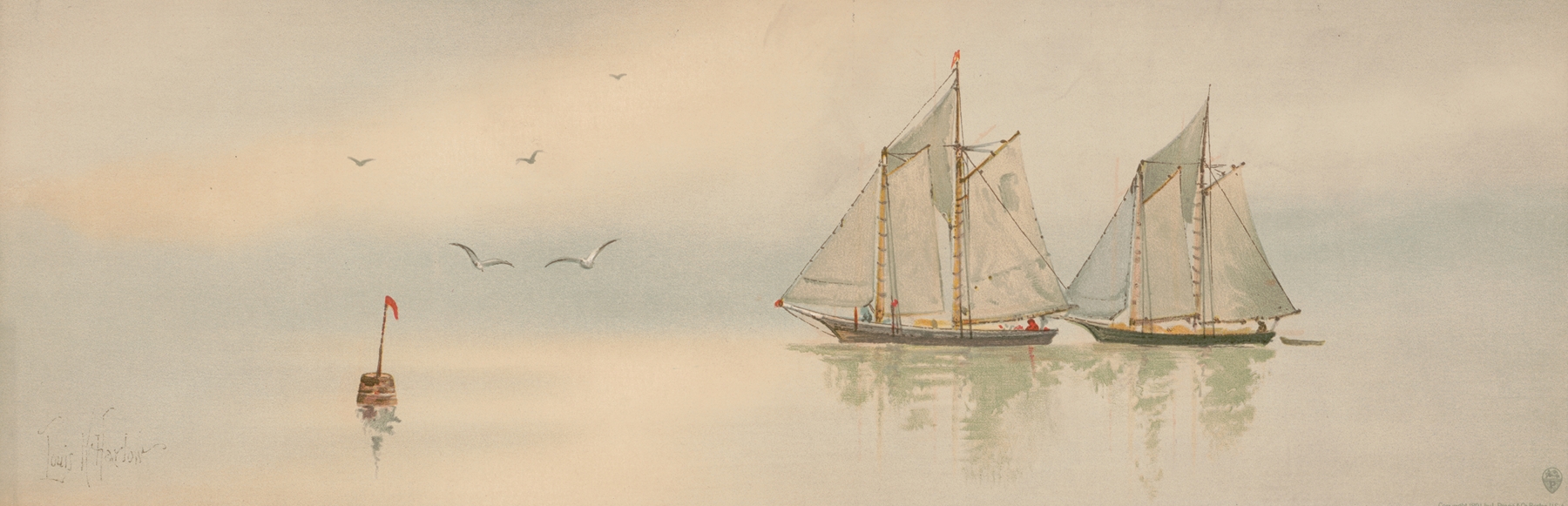 Two fishermen in oil on canvas by Louis Kinney Harlow, set against gentle rippling water.