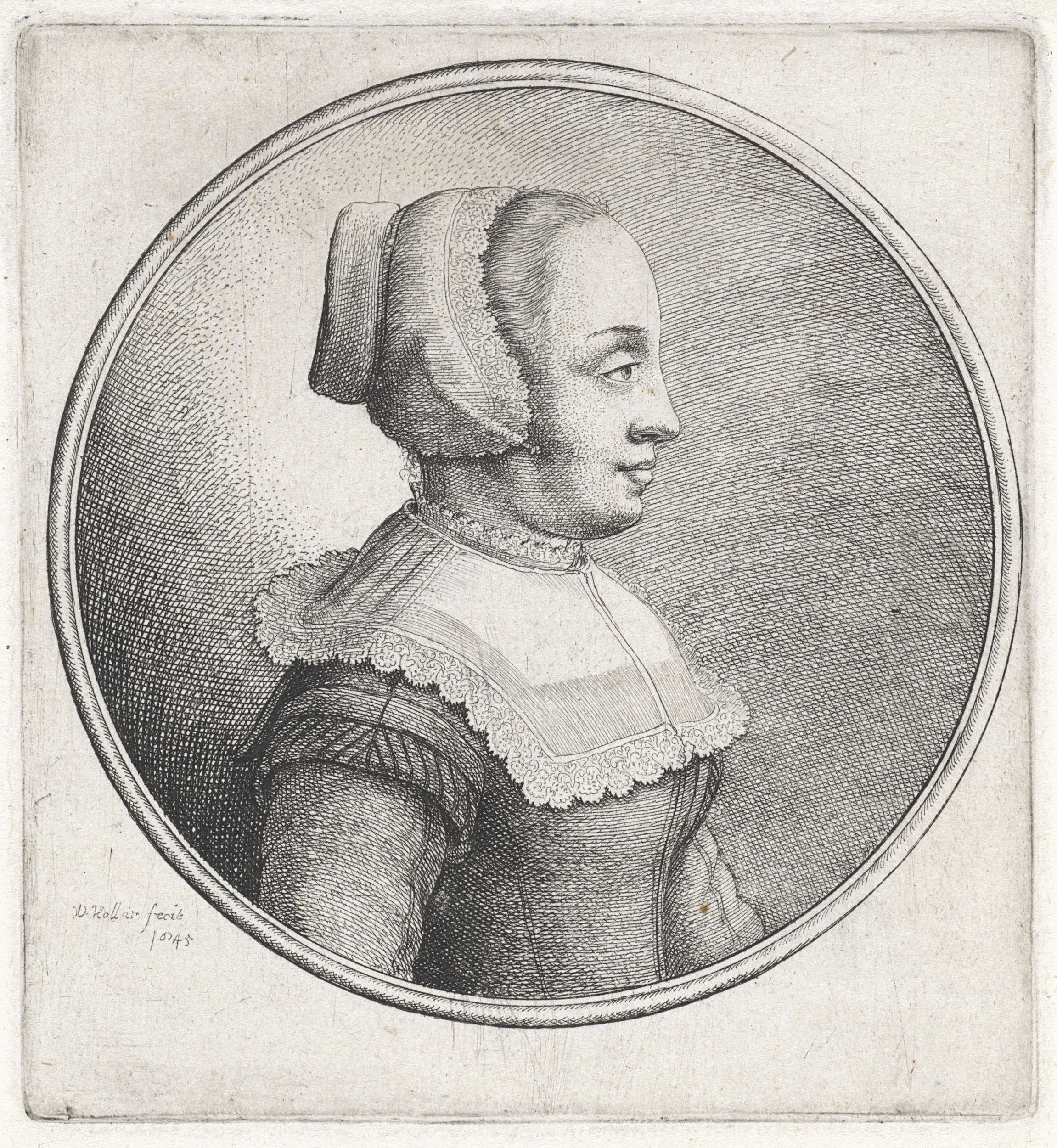 Portrait of a woman with lace headwear, etching by Wenceslaus Hollar