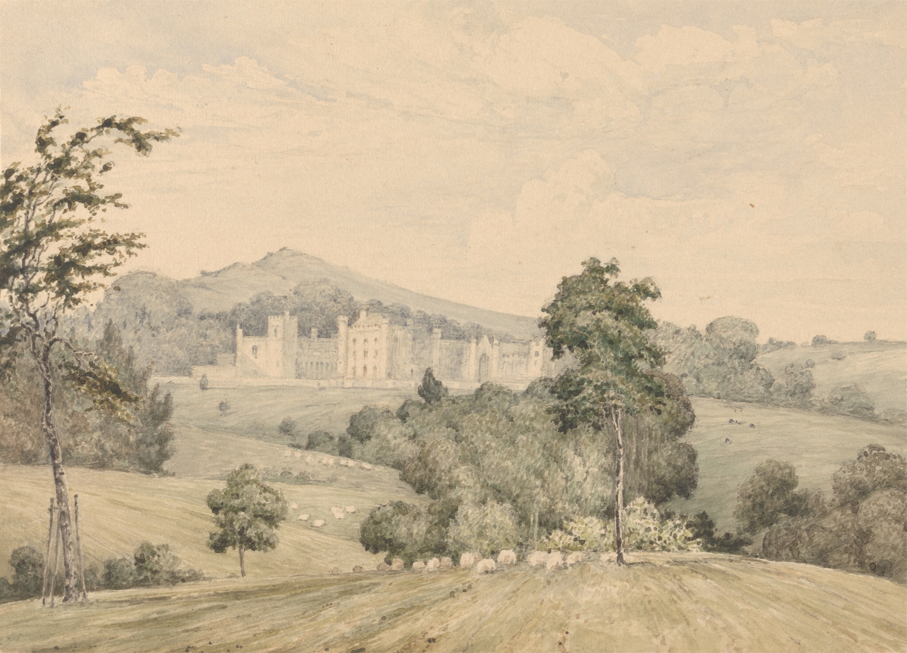Llanerchydol Hall landscape by Robert Streatfeild, oil on canvas featuring trees and architecture.