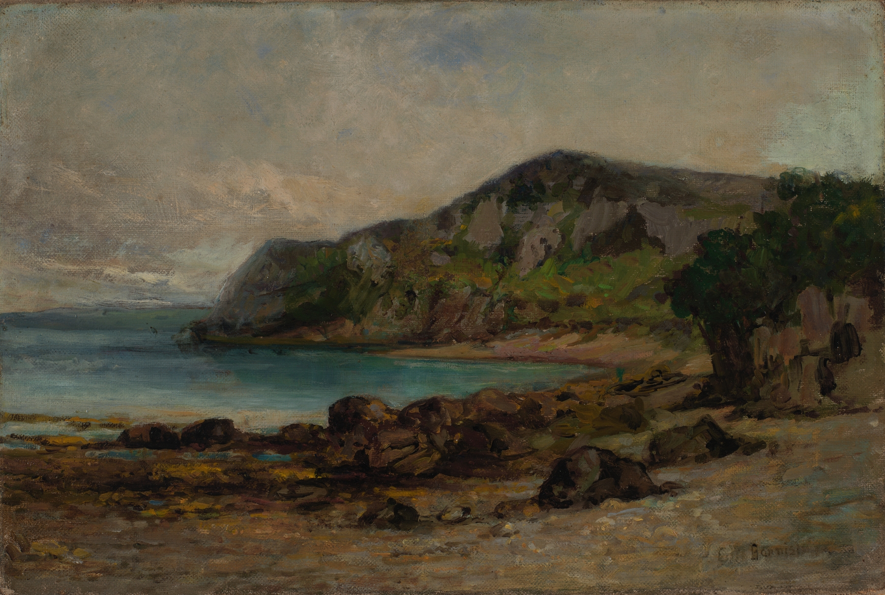 Rocks at Newport by Edward Mitchell Bannister, oil on canvas depicting rugged coastline and ocean waves.