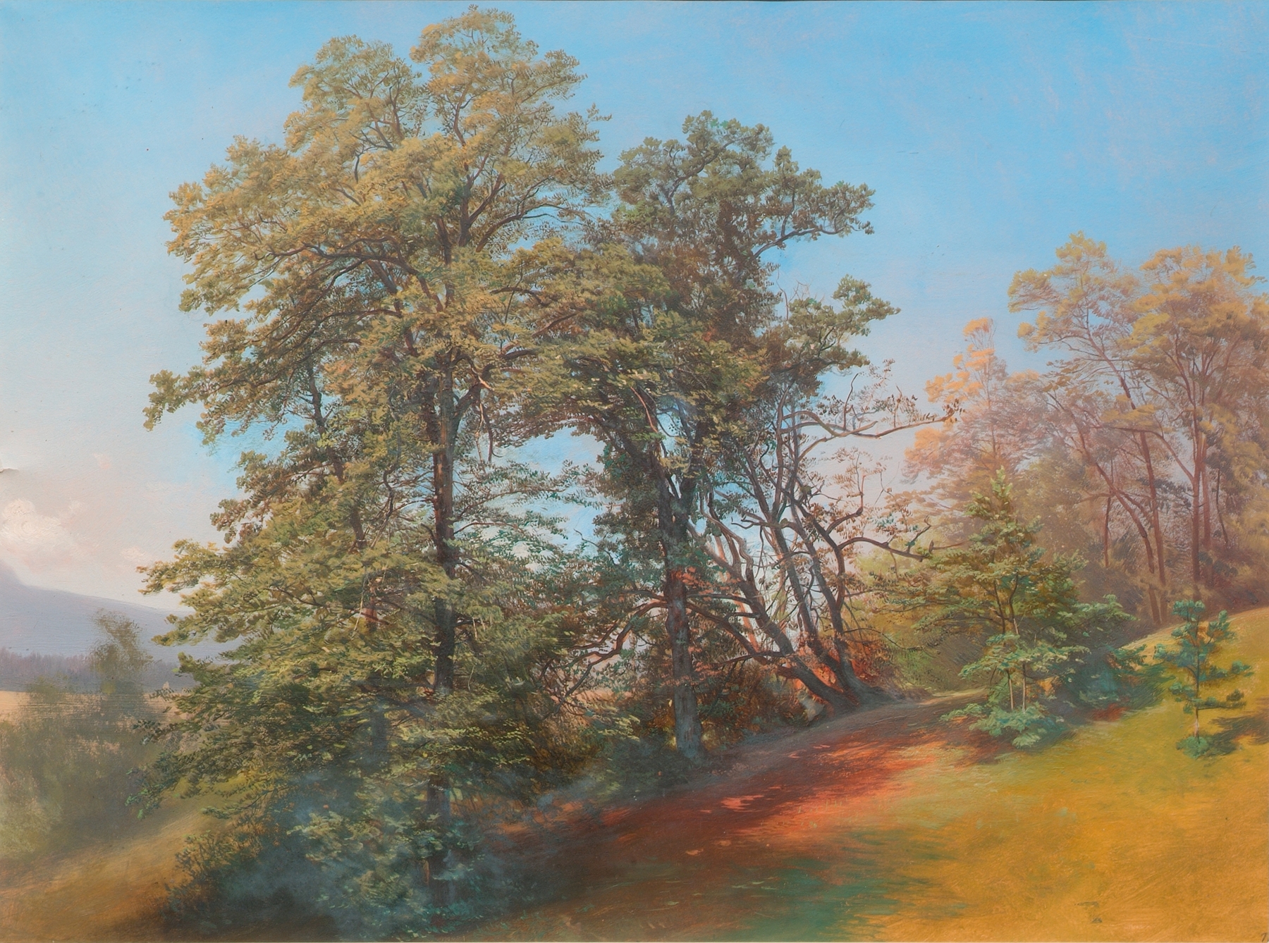 Landscape with trees and sunlight by Joseph Holzer, oil on canvas