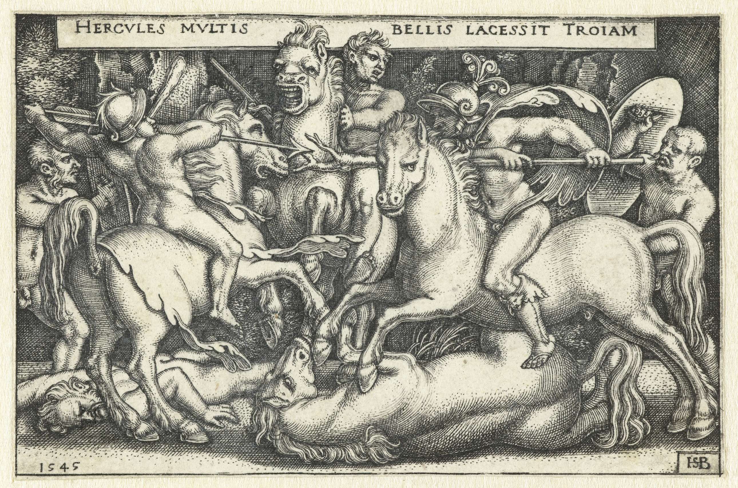 Hercules in gevecht met de Trojanen, by Hans Sebald Beham, public domain