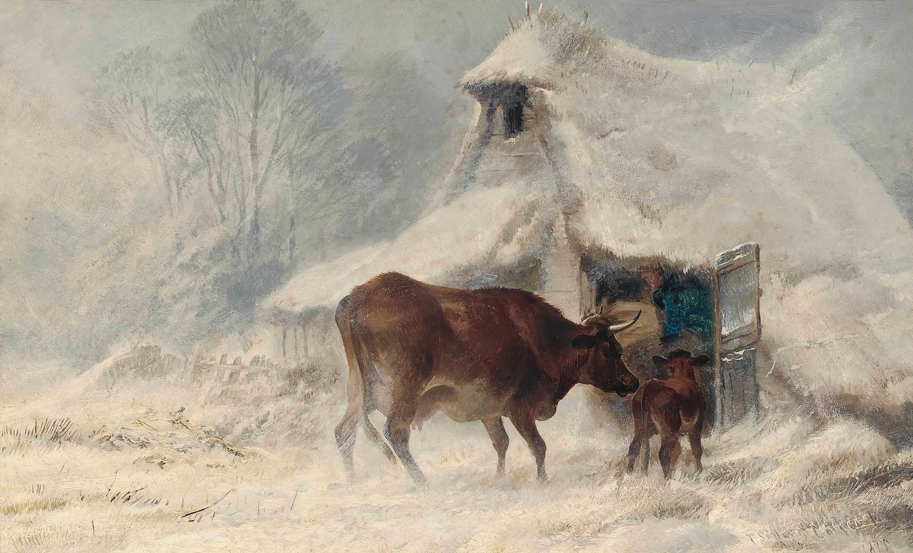 A Frosty Morning, oil on canvas by Thomas Sidney Cooper, depicting frost-covered grass in a winter landscape.