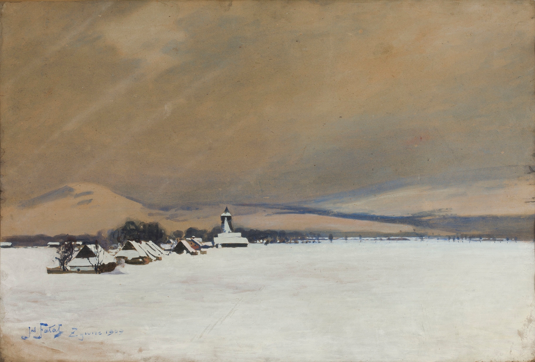Winter landscape oil painting by Julian Falat featuring snow and tall pines