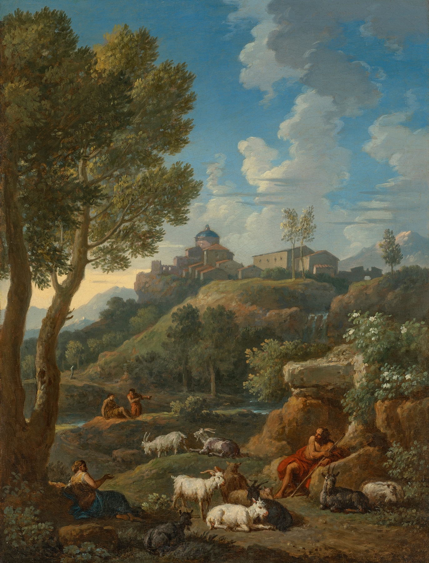 A classical Italianate landscape with a shepherd and his flock, other figures and a hilltop town beyond, by Jan Frans Van Bloemen, public domain