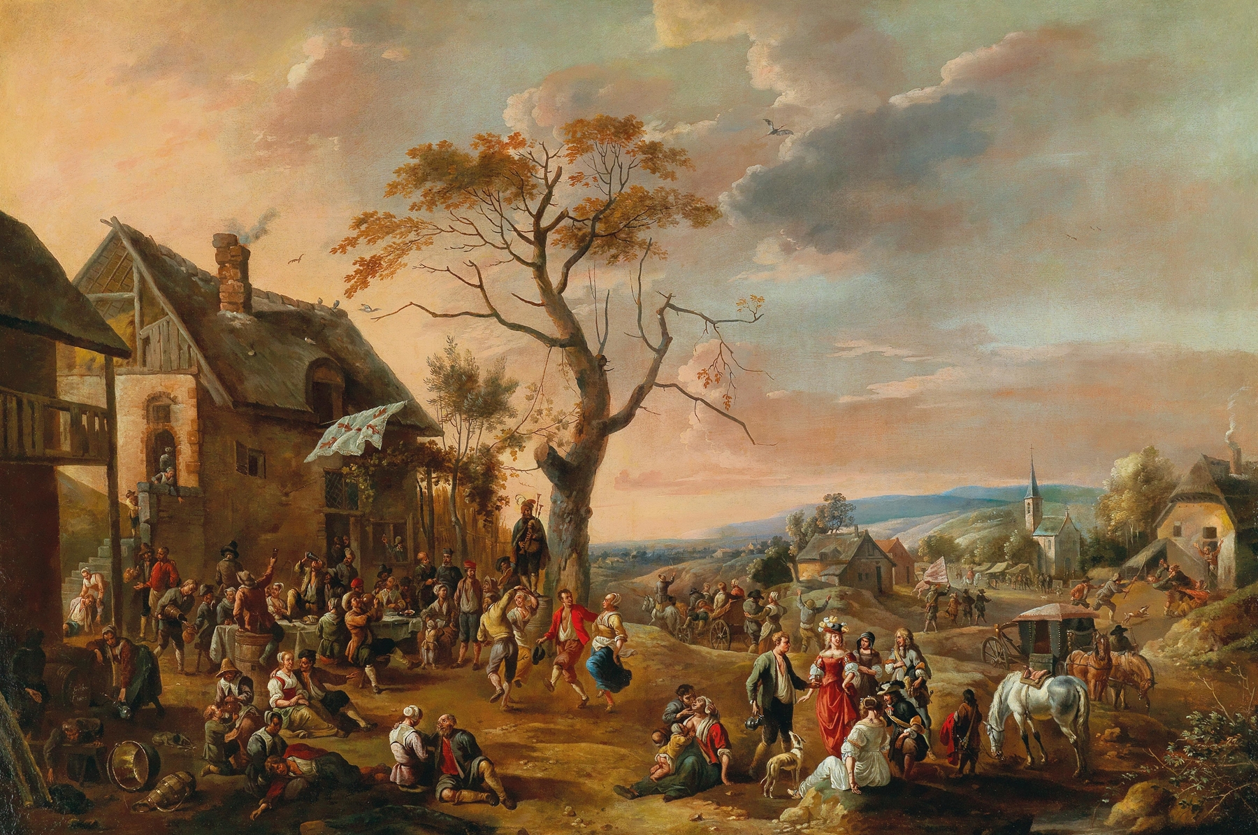 Genre scene with dancing peasants in a village by Anton Goubau, oil painting