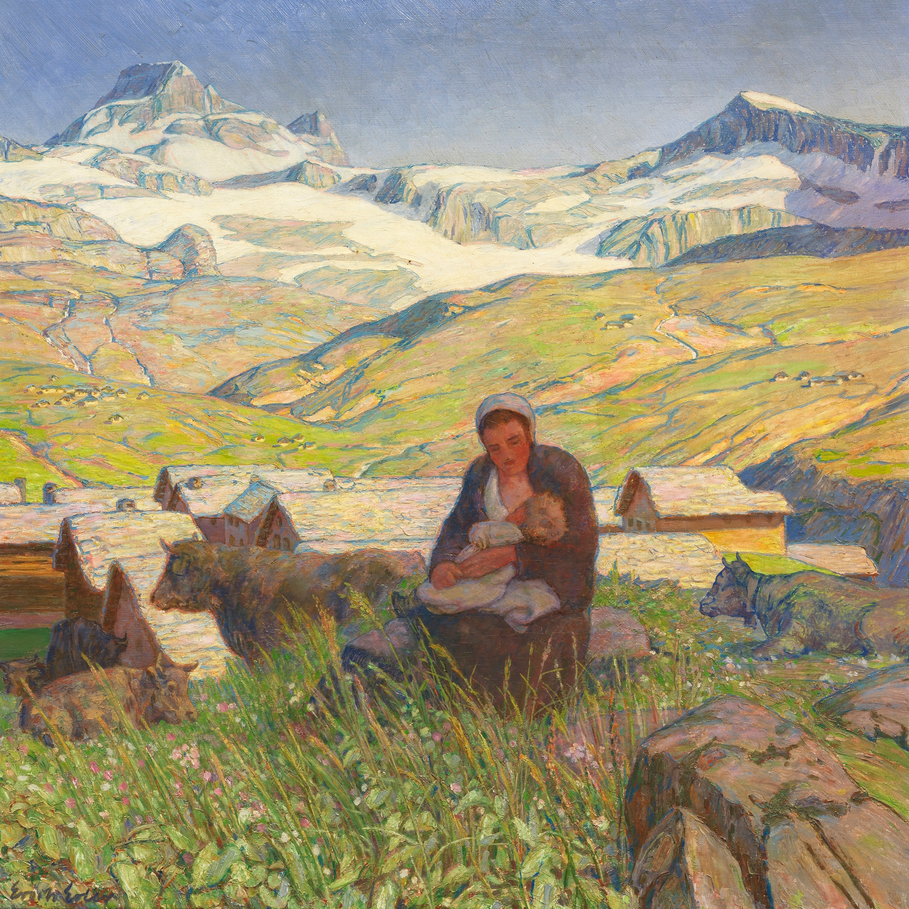 Landscape with a farmer under a pastel sky, oil painting by Erich Erler