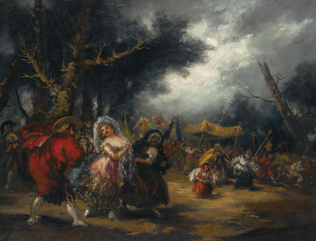 A vibrant depiction of a procession with figures in traditional attire.