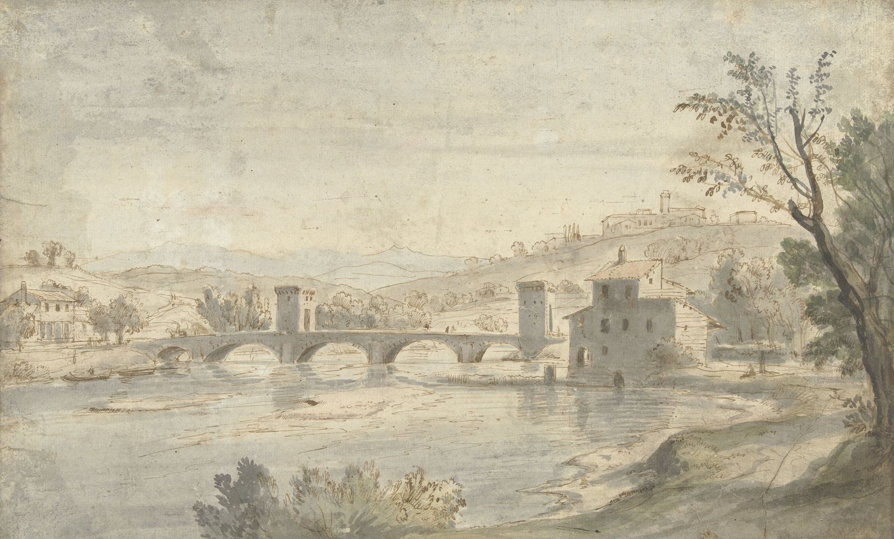 Oil on canvas by Gaspar Van Wittel depicting the Ponte Molle over the Tiber River