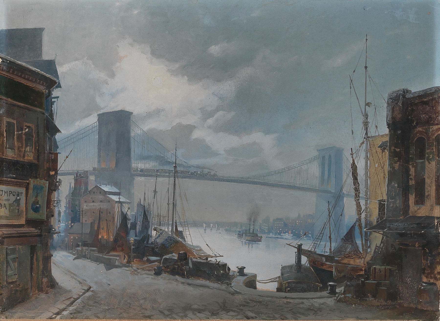 Genre scene depicting urban life with the Brooklyn Bridge, unknown artist.
