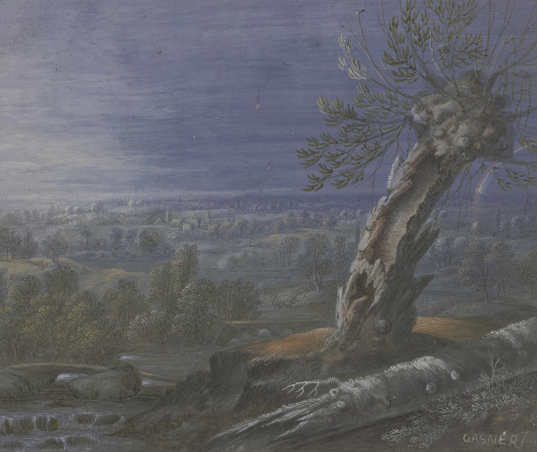 Weite Landschaft mit Regenbogen by Johann Nikolaus Gassner, oil painting depicting a landscape with a rainbow.