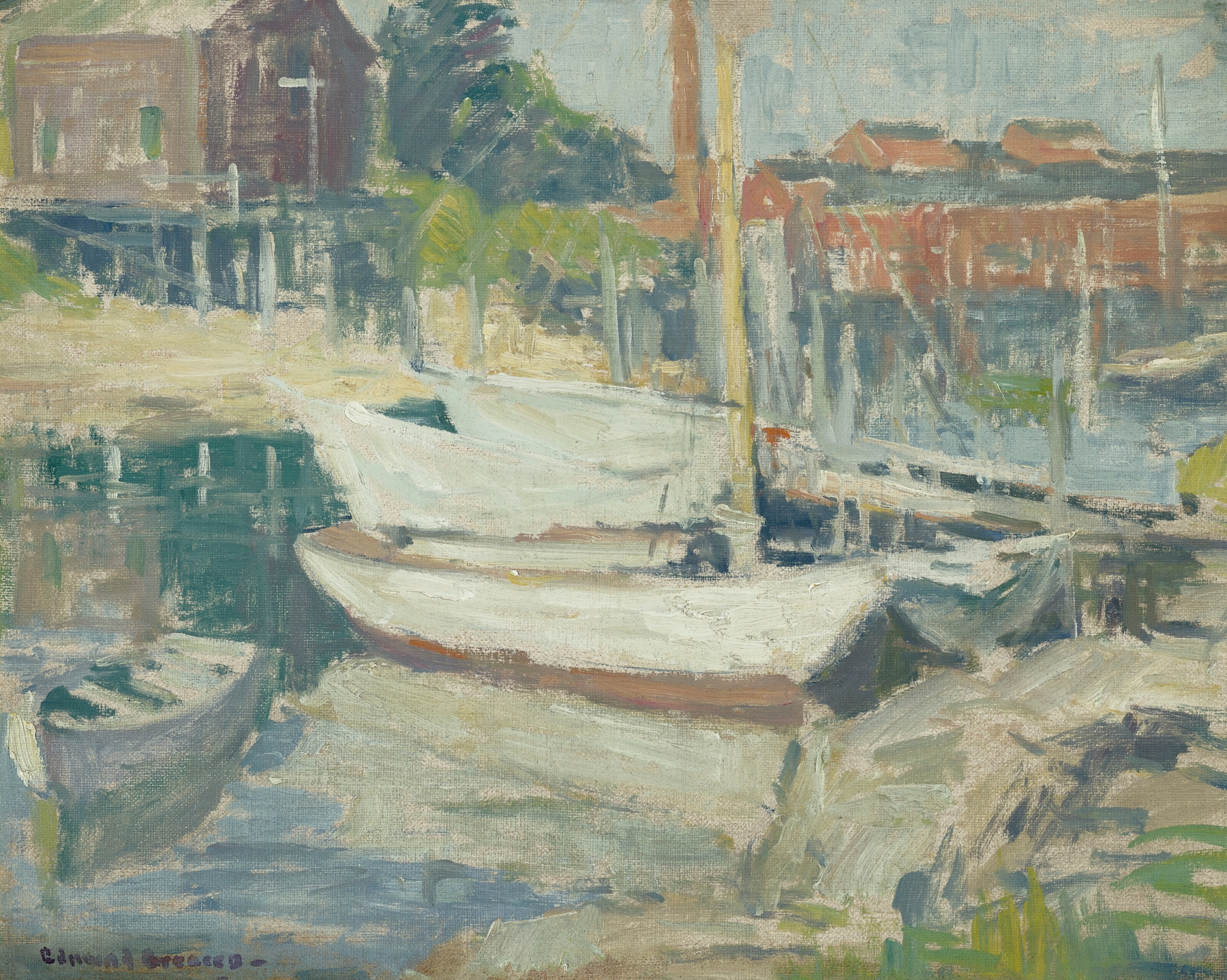 Realism oil painting of a shipyard scene with workers by Edmund William Greacen