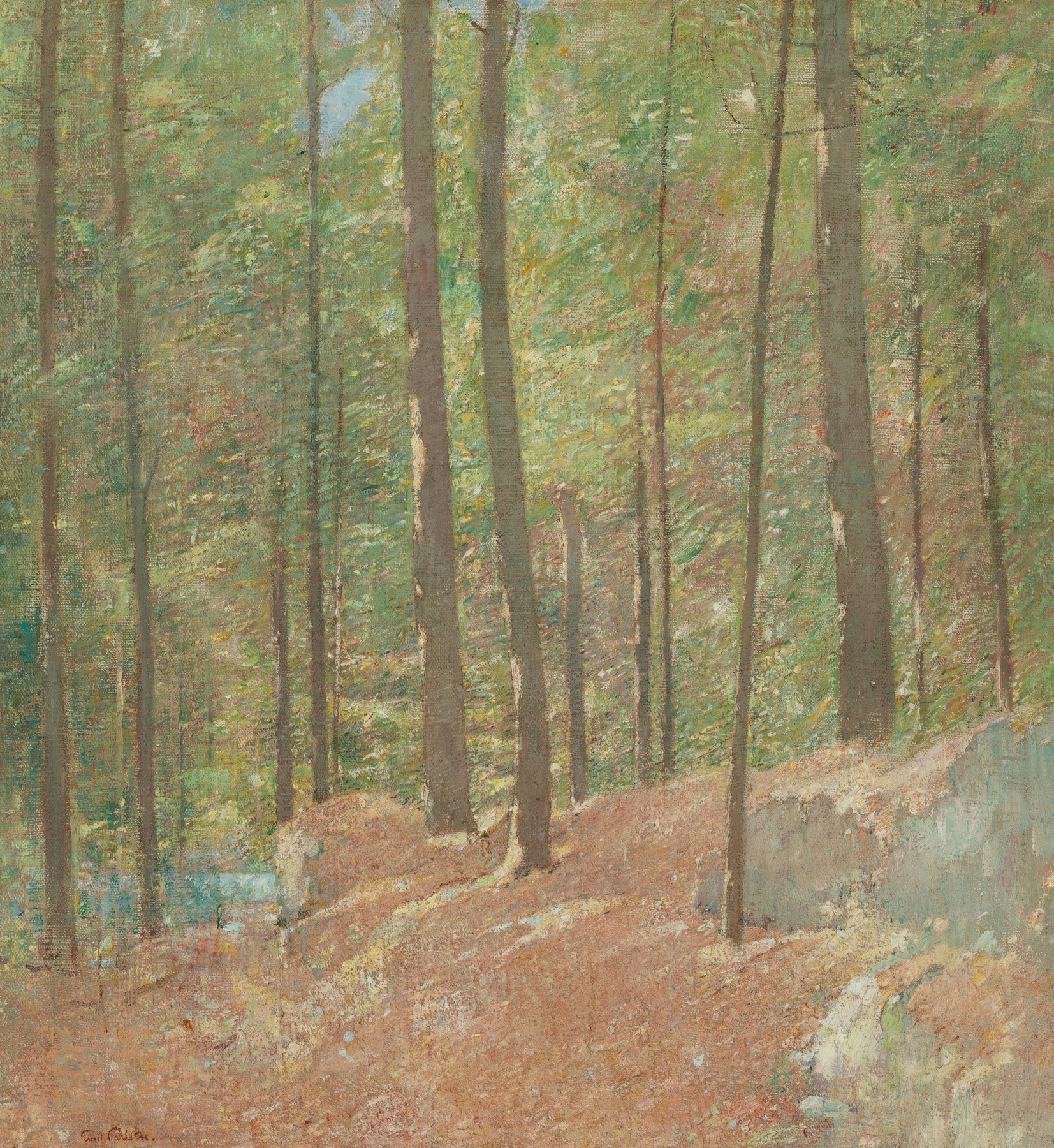 In the Pine Woods by Emil Carlsen, oil on canvas depicting a forest with light filtering through trees.