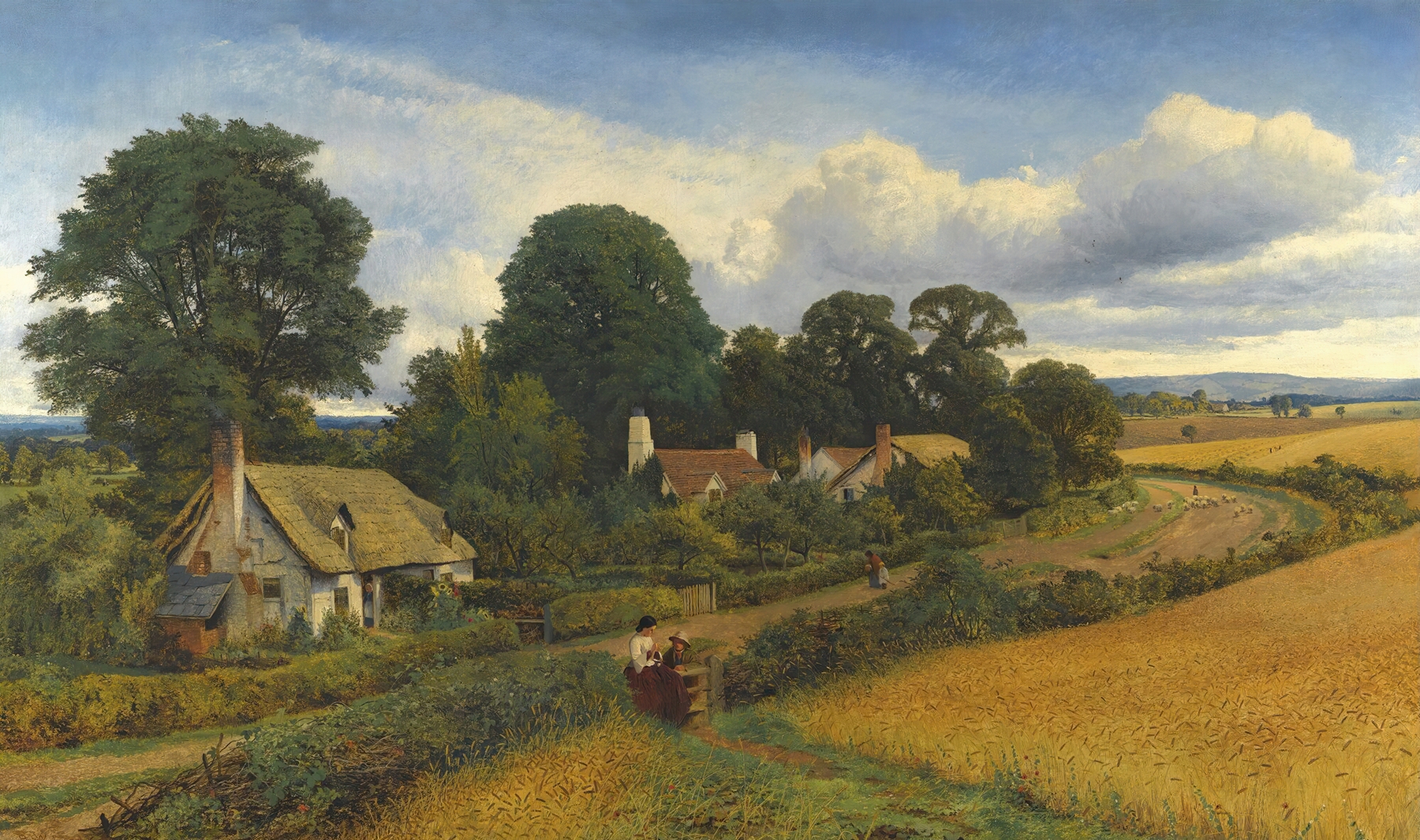 Landscape of cottages with sunlight, Victorian oil painting by Benjamin Williams Leader