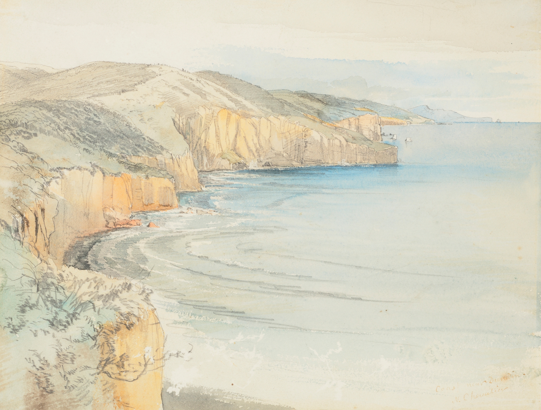 Coast near Dunedin by Nicholas Chevalier, oil painting depicting hills and ocean.