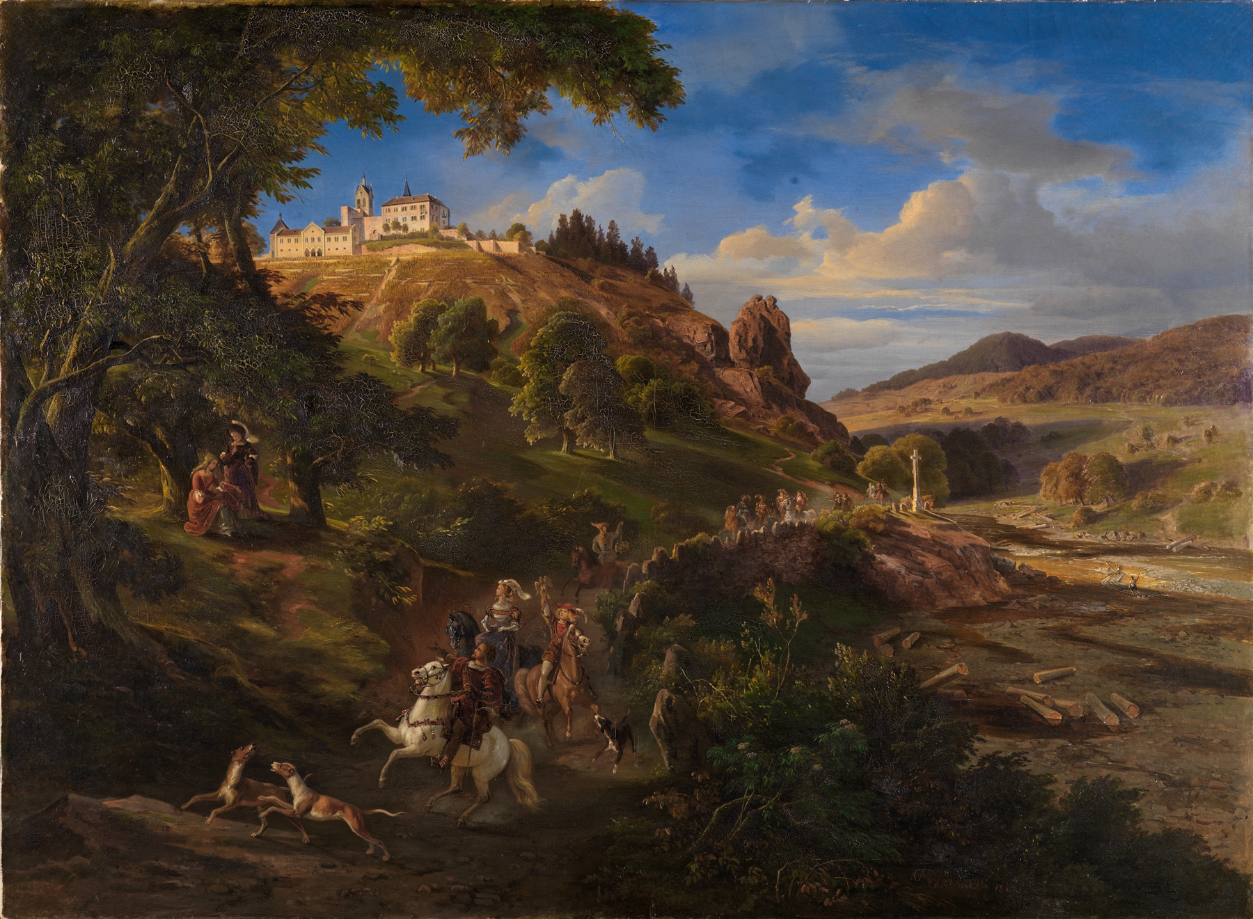 Landscape featuring Schloß Eberstein and a medieval hunting party, oil painting by Daniel Fohr