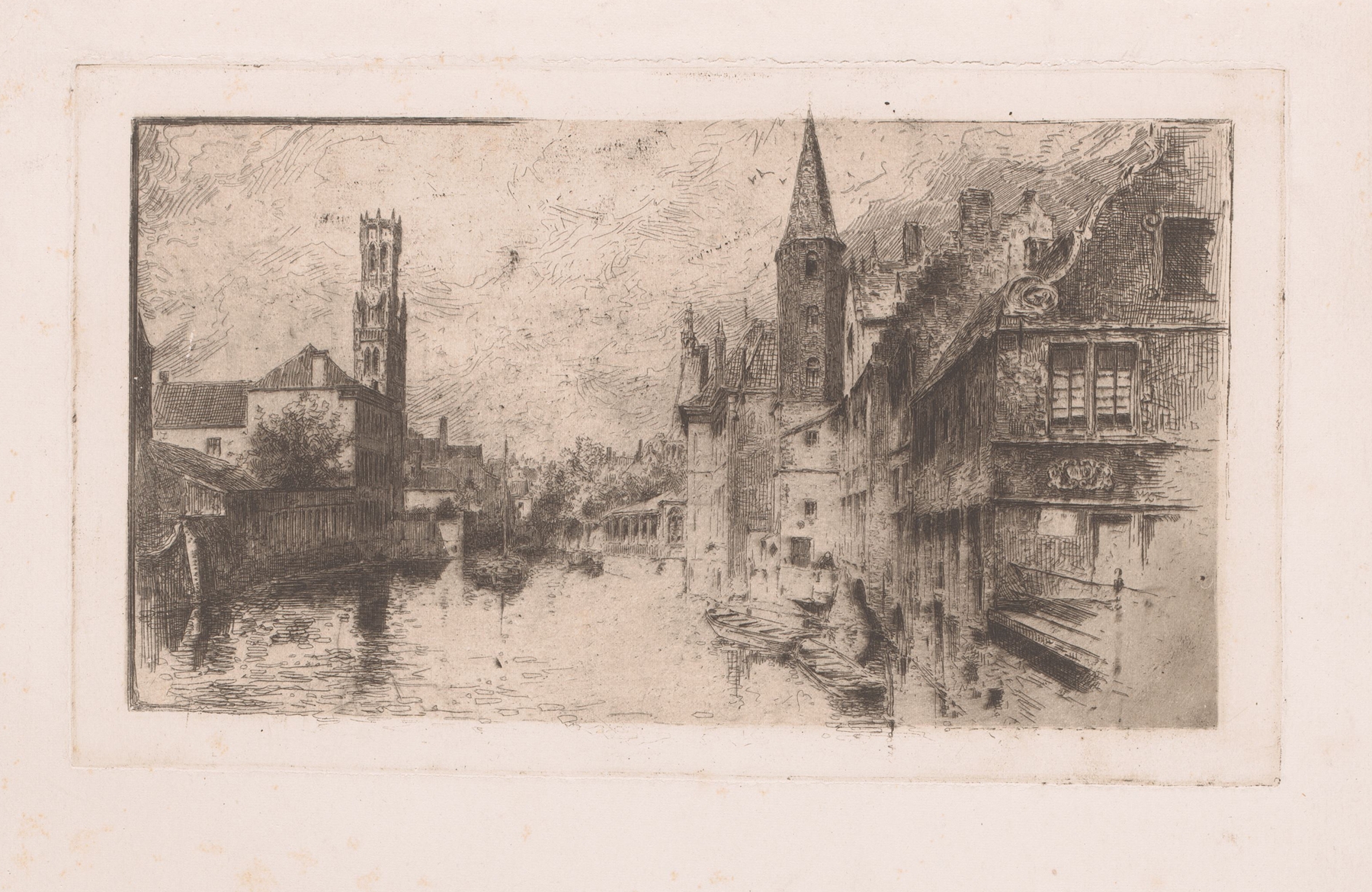 Landscape oil painting by Armand Heins featuring a canal, tower, and trees