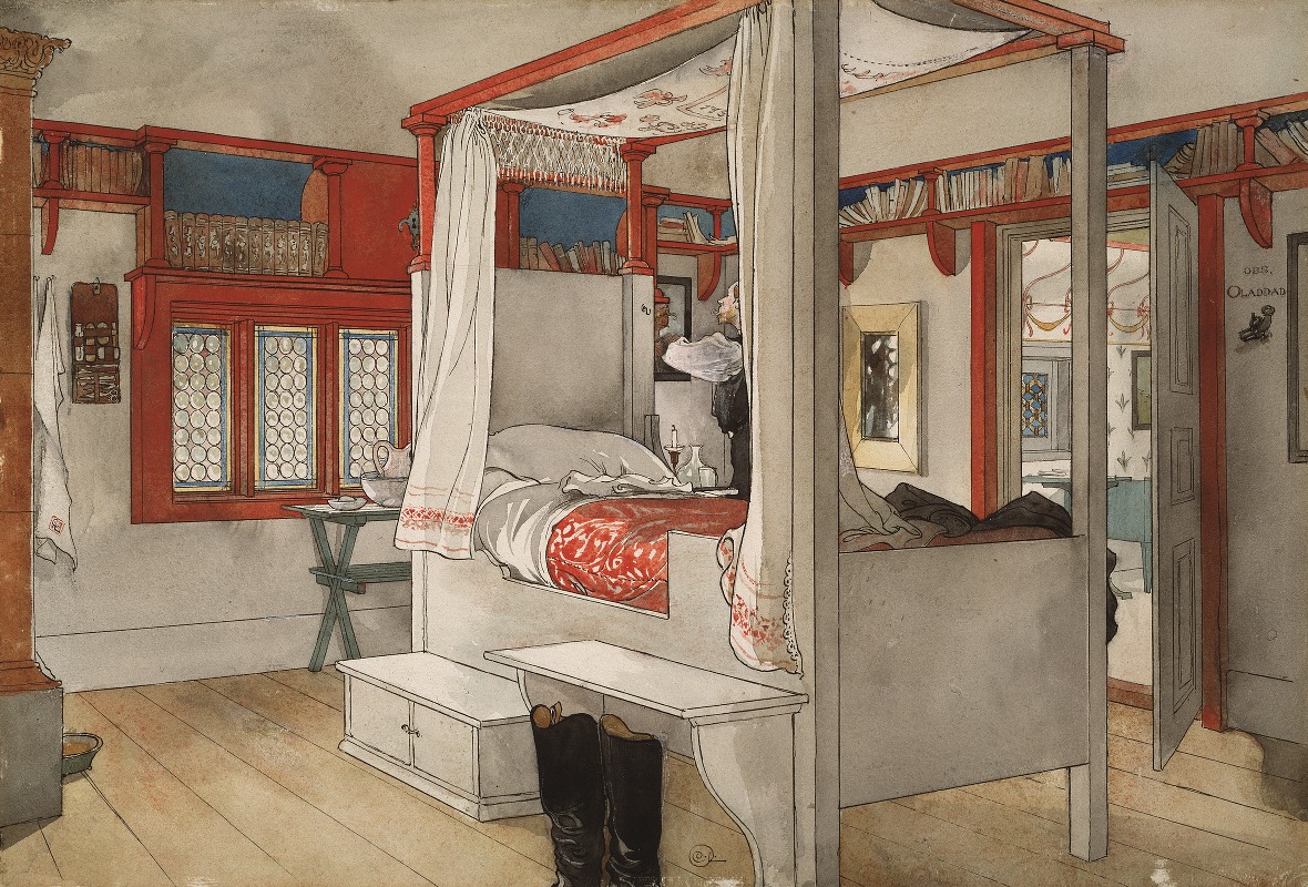 A cozy interior scene featuring a child and a father in a well-decorated room.